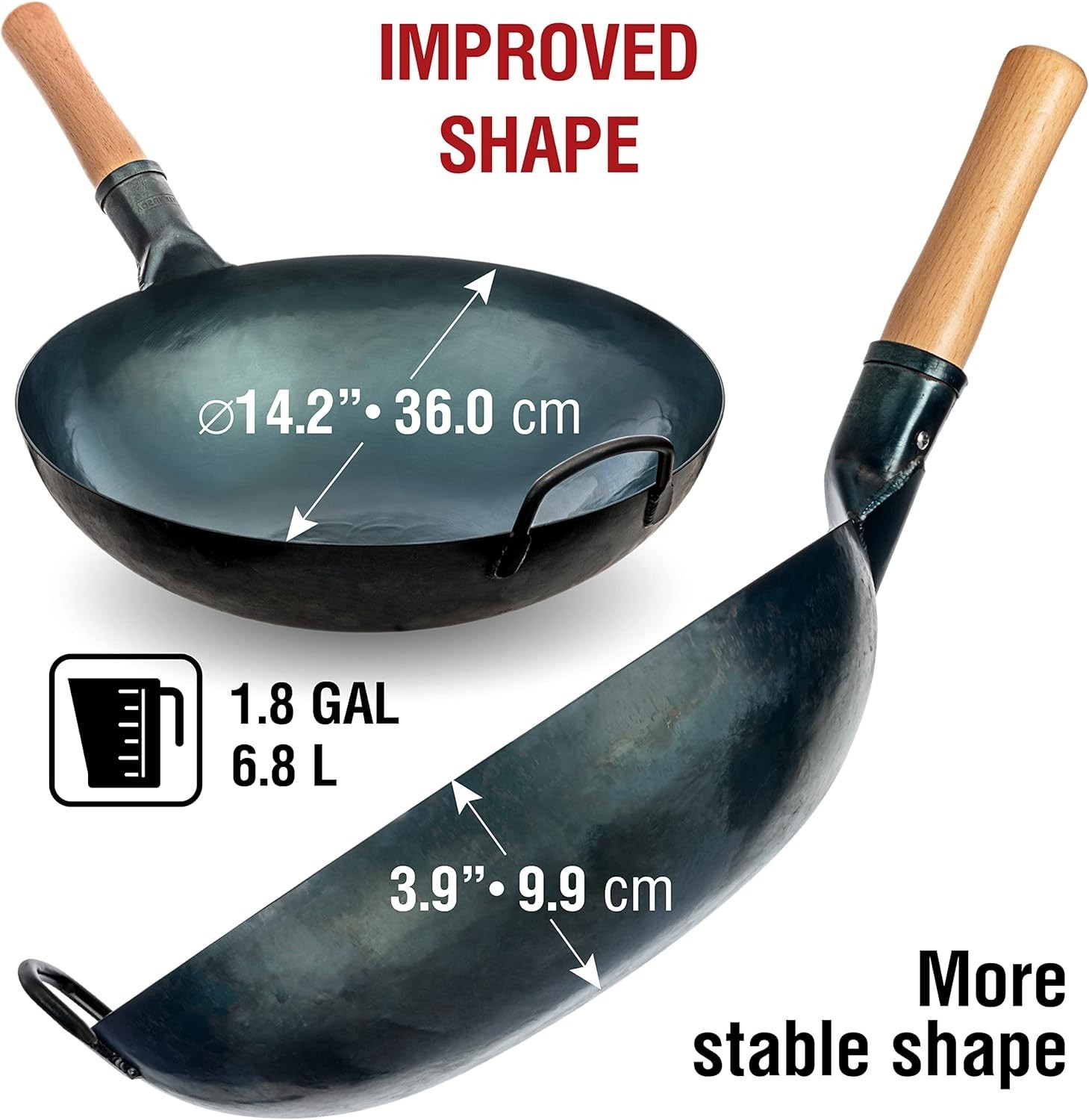 YOSUKATA 13.5 in Blue Carbon Steel Wok Pan, Pre-Seasoned Flat Bottom, Ergonomic