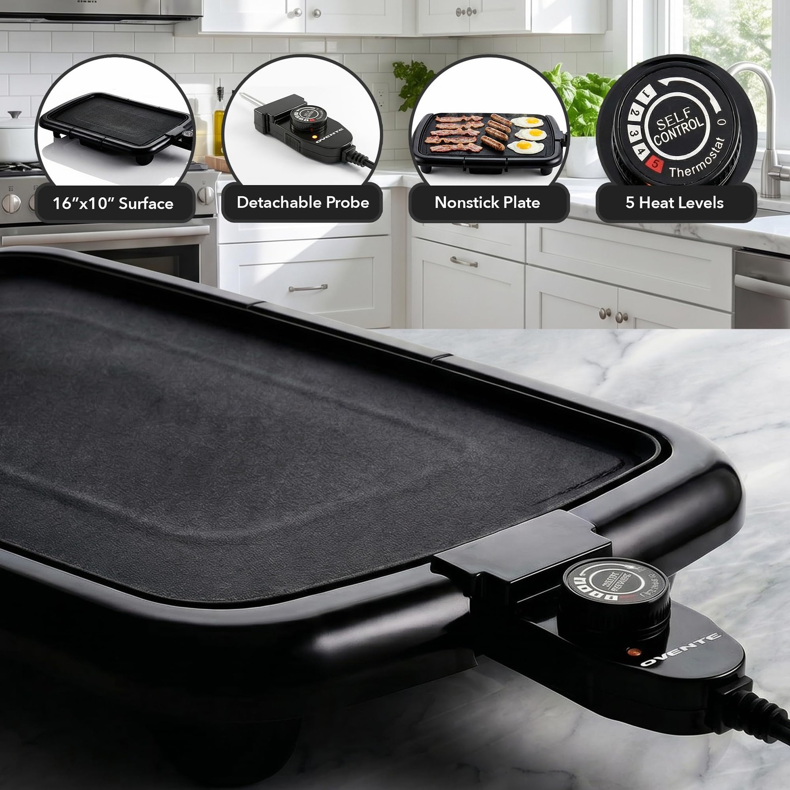 OVENTE Electric Griddle 16 x 10 Inch Non-Stick Plate, Black GD1610B