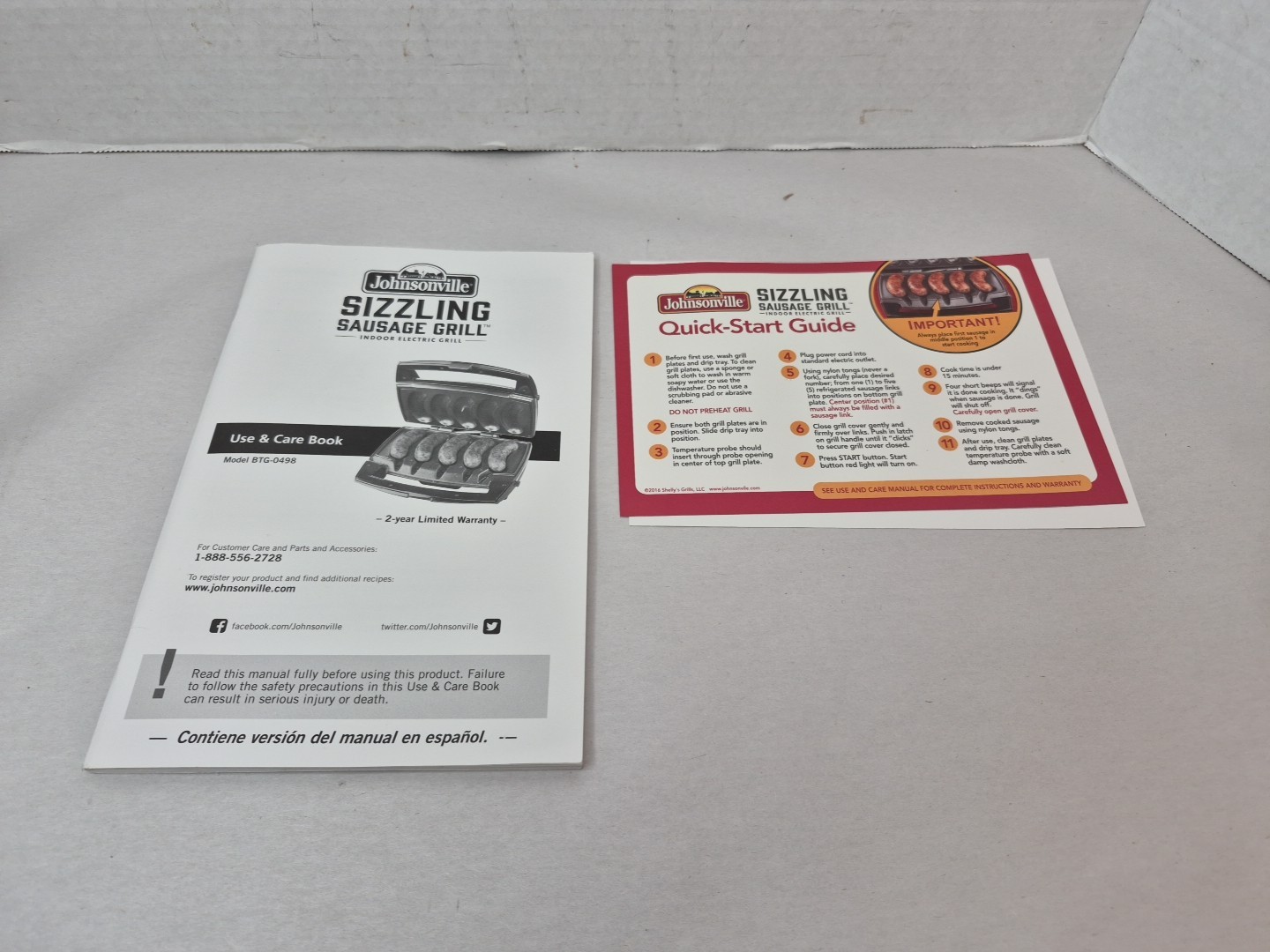 Johnsonville Sizzling Sausage Grill BTG-0498 Original Manual With Quick Guide