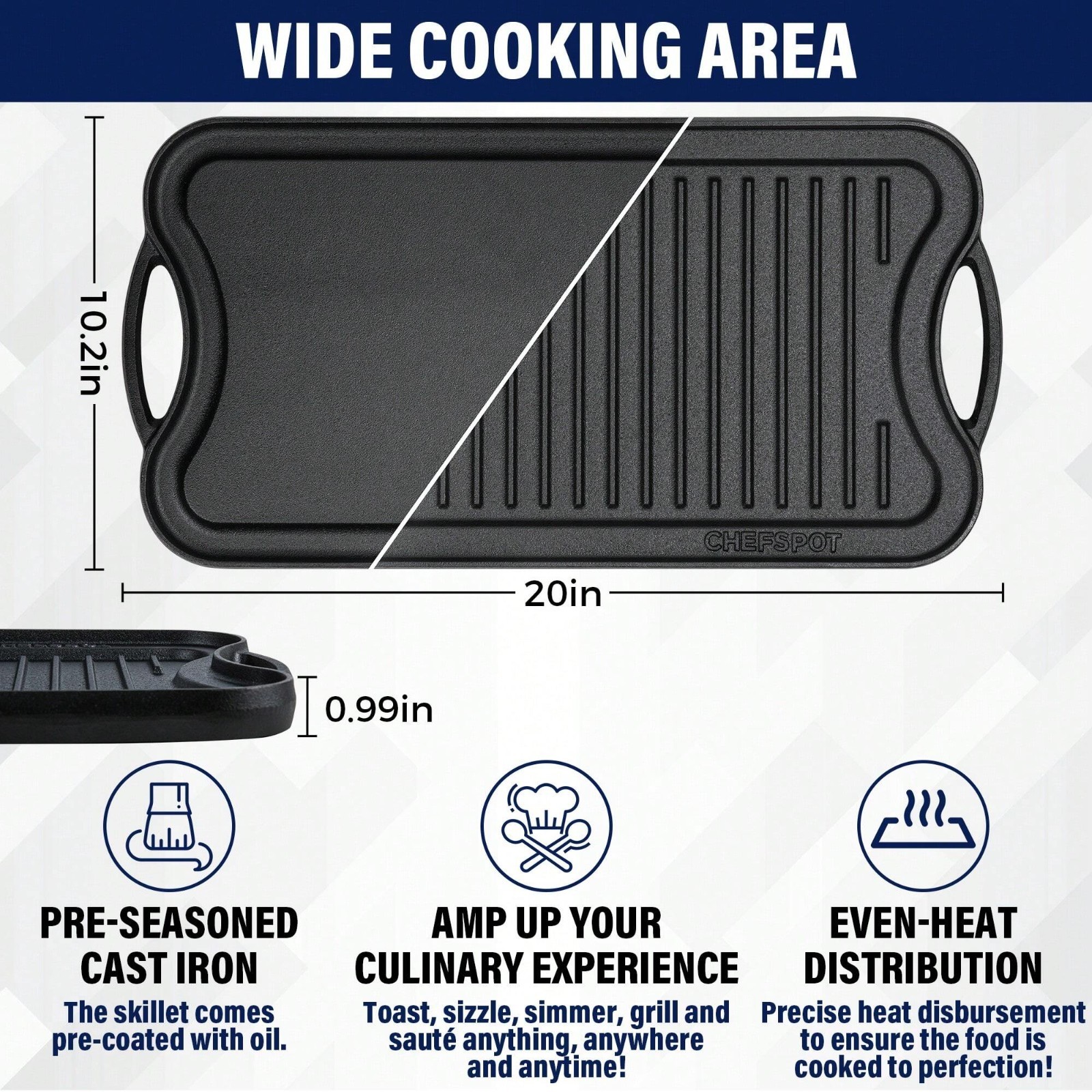 1PCS Pre-Seasoned Cast Iron Reversible Grill Griddle Pan Double Burner Stovetop