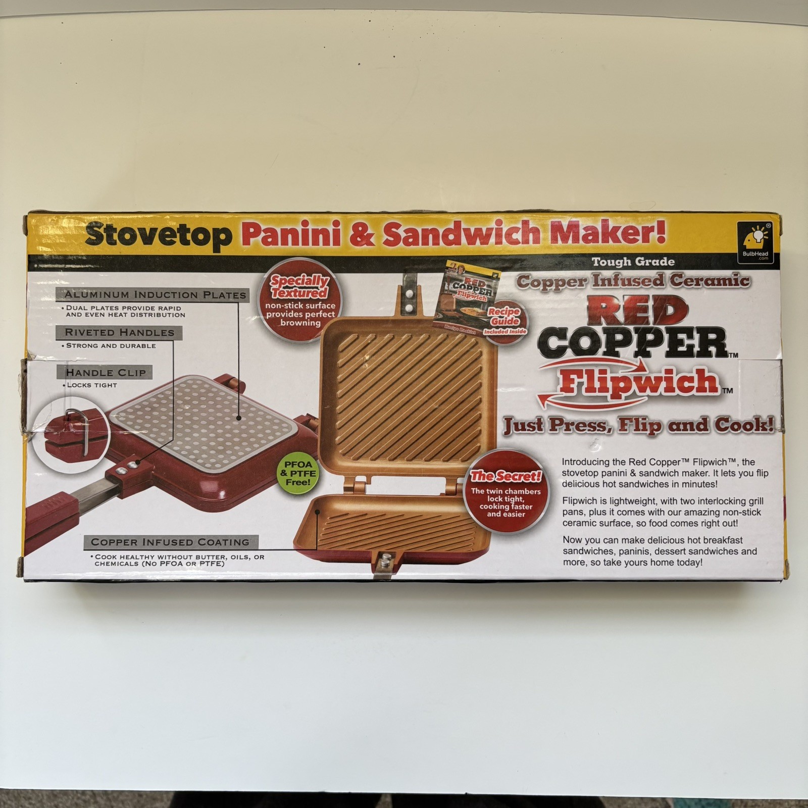 Red Copper Flipwich Non-Stick Stovetop Panini & Sandwich Maker New Open Box