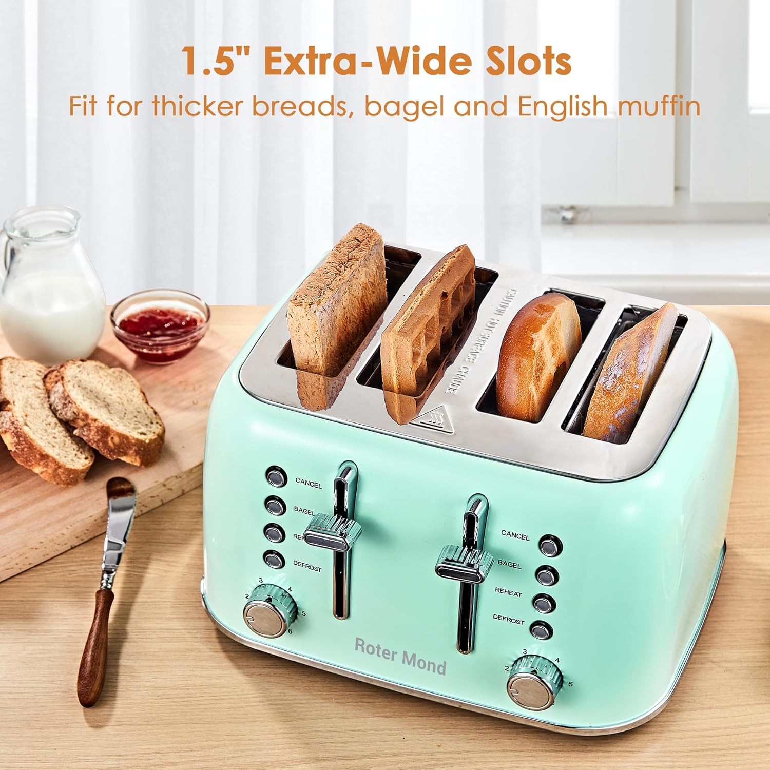 Roter Mond Toaster 4 Slice Retro Stainless Steel with Extra Wide Mint Green