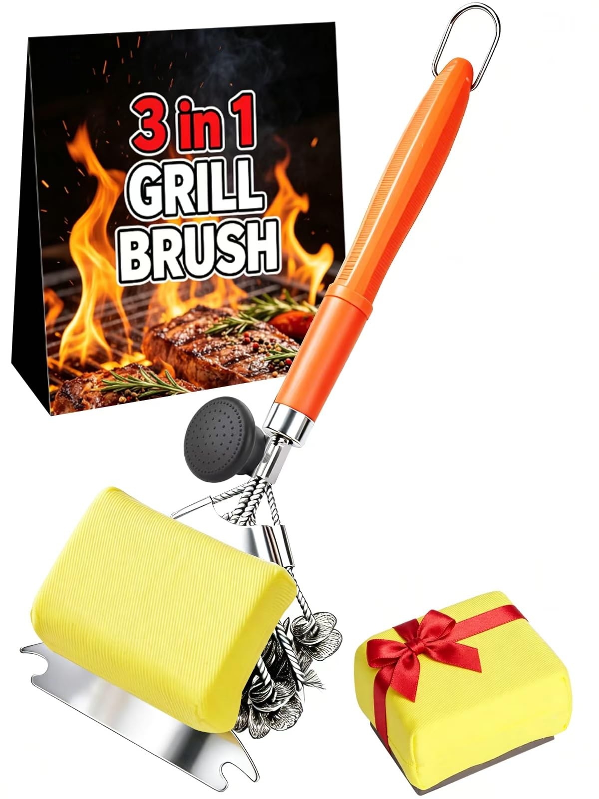 Magnetic 3-in-1 Grill Brush with Power Press Handle & Lock 18 inches, Orange