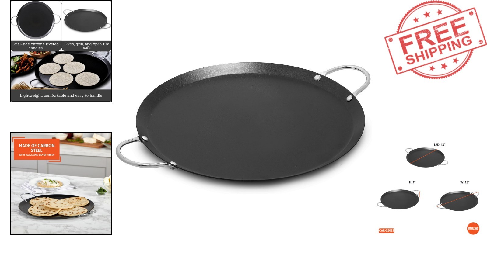 Lightweight 13.5in Carbon Steel Comal with Metal Handles – Ideal for Breakfast