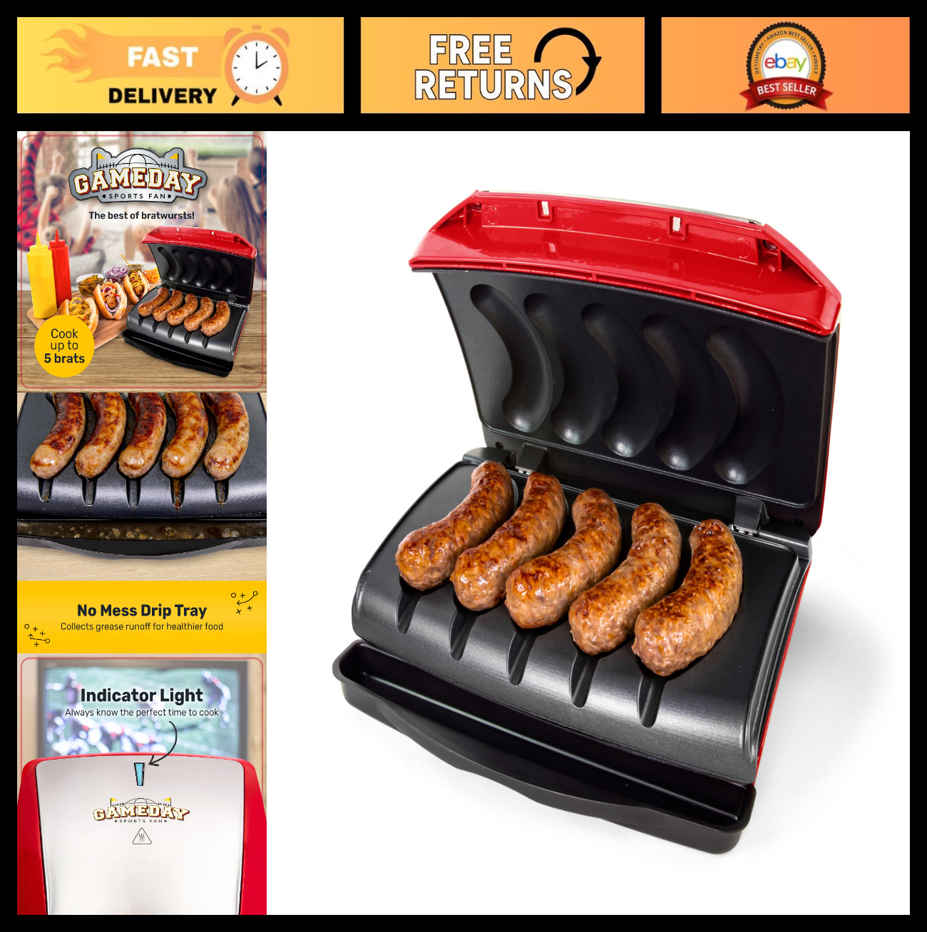 Electric Grill for Sausages & Brats – 5 Link Capacity, Oil Drip Tray, Carry Hand