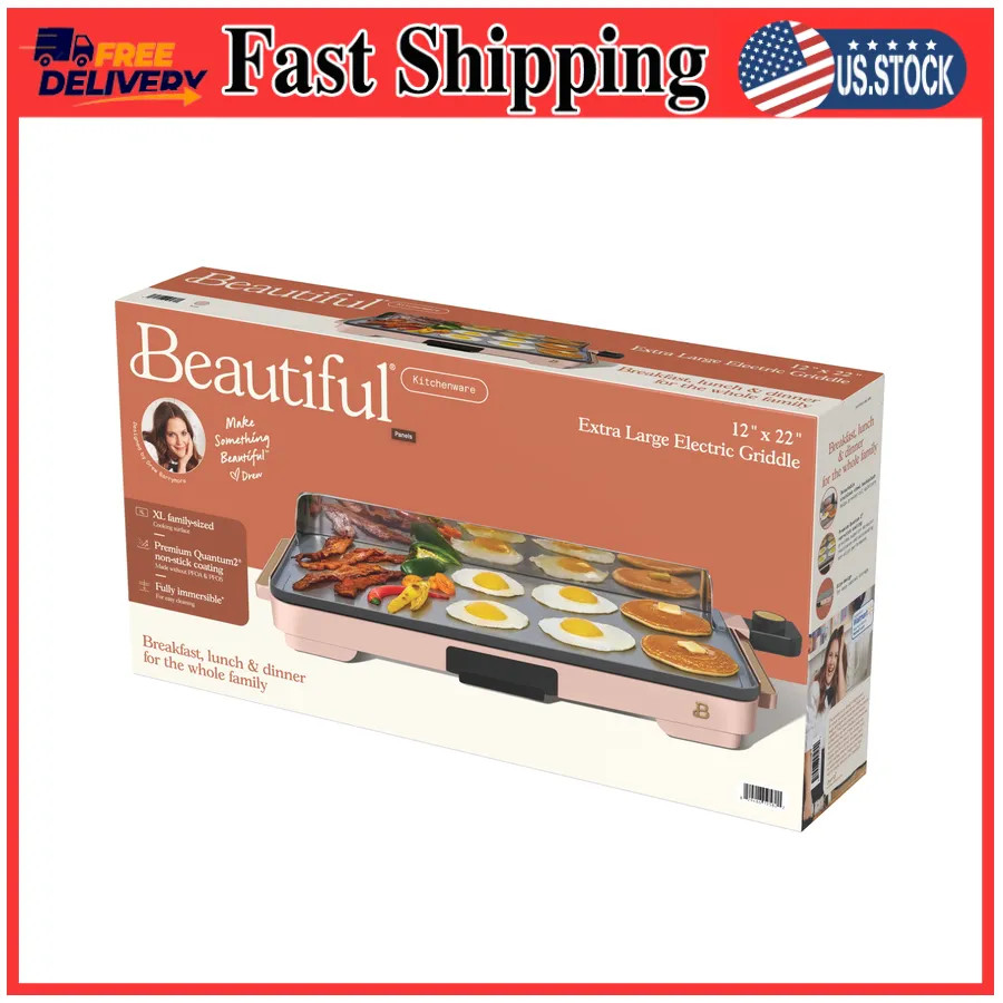 Beautiful XL Electric Griddle 12 x 22 Ceramic Nonstick Rose by Drew Barrymore