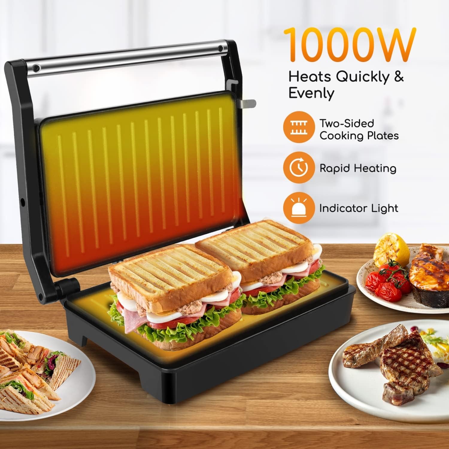 Panini Press Sandwich Maker 1000W Sandwich Press Grill W/ Non-Stick Coated