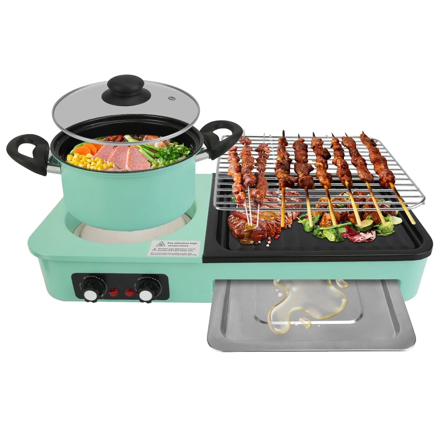3 in 1 Electric Hot Pot with Grill 1600W Smokeless Non-Stick Korean BBQ Grill