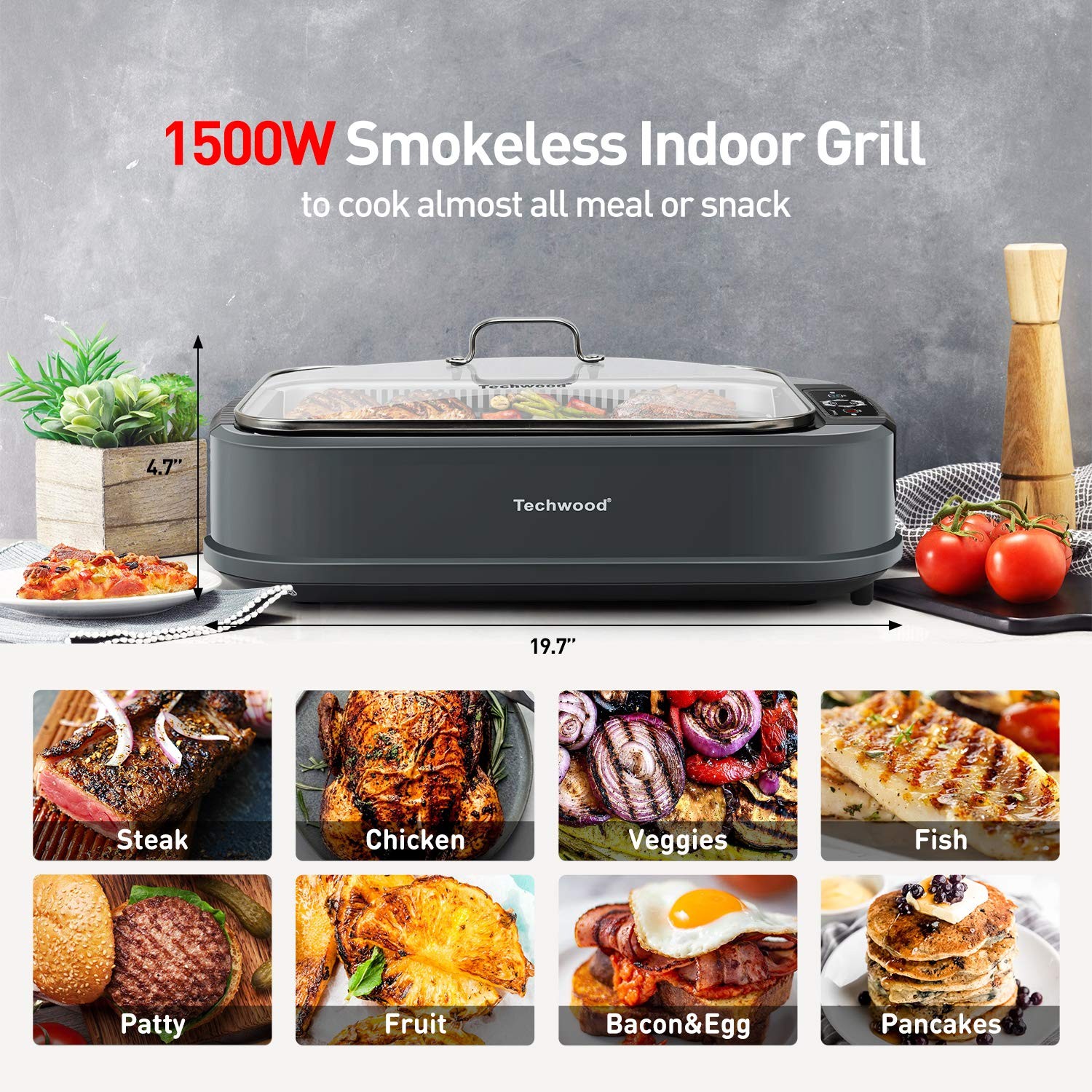 Indoor Smokeless Grill, Techwood 1500W Electric BBQ Grill with Temperature Contr