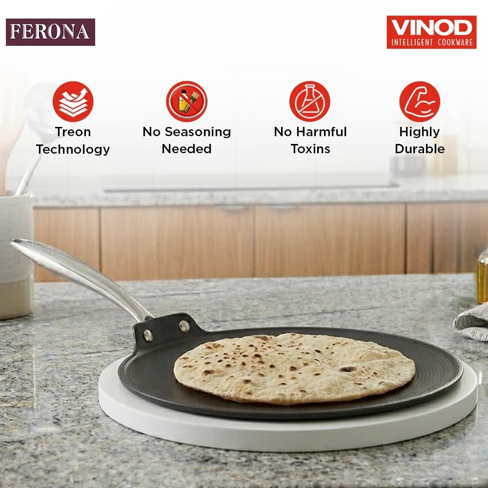 Vinod Ferona Cast Iron Roti Tawa Gas Stove Stick-Free Metal Spoon Safe 2 Yr