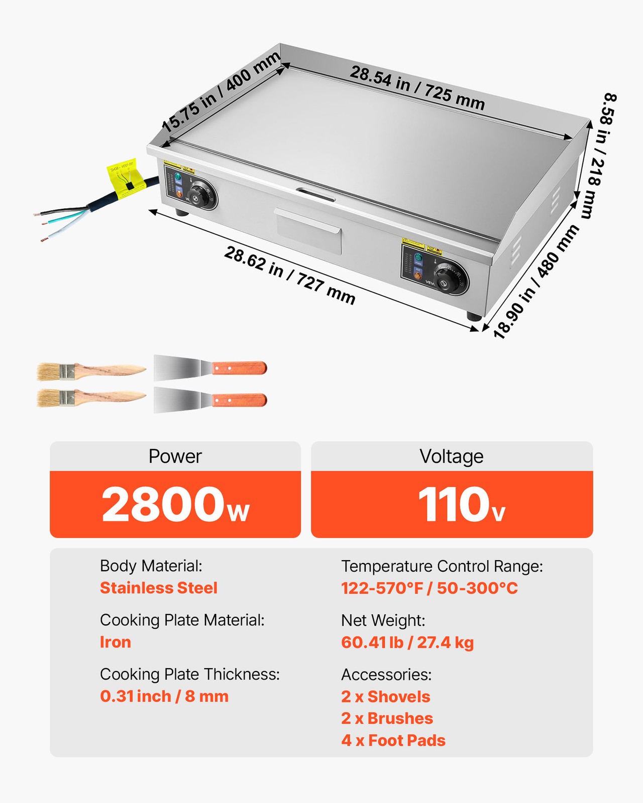 VEVOR 30″ Commercial Electric Griddle Full Flat Top Grill 2800W(NO PLUG)