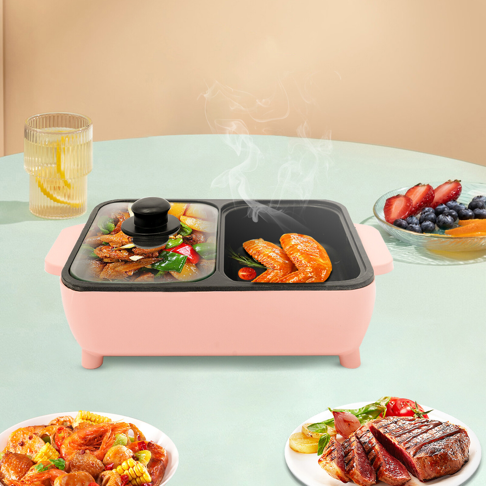 Pink 2-in-1 Electric Hot Pot & Grill Non-Stick 110V 1200W