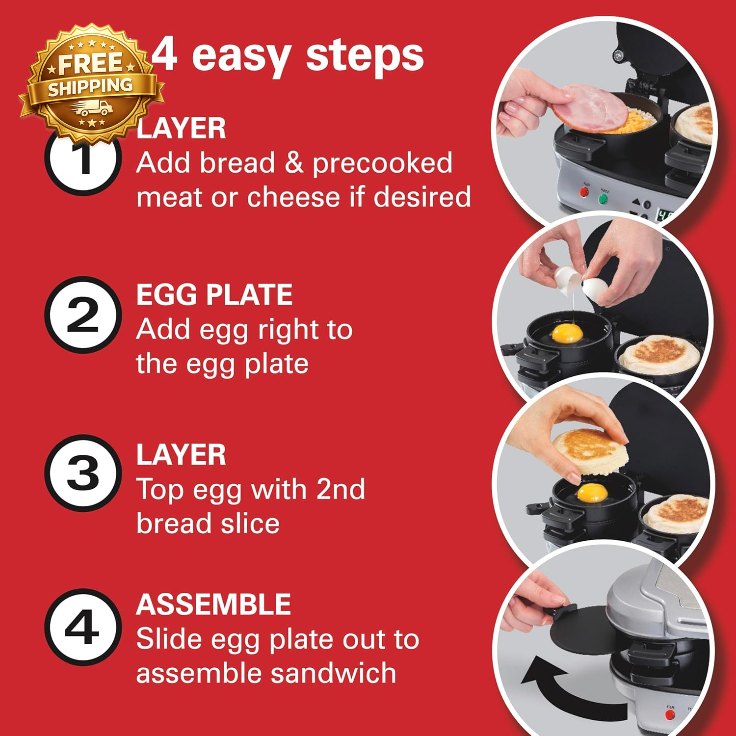 Dual Breakfast Sandwich Maker with Egg Cooker Rings Timer Perfect