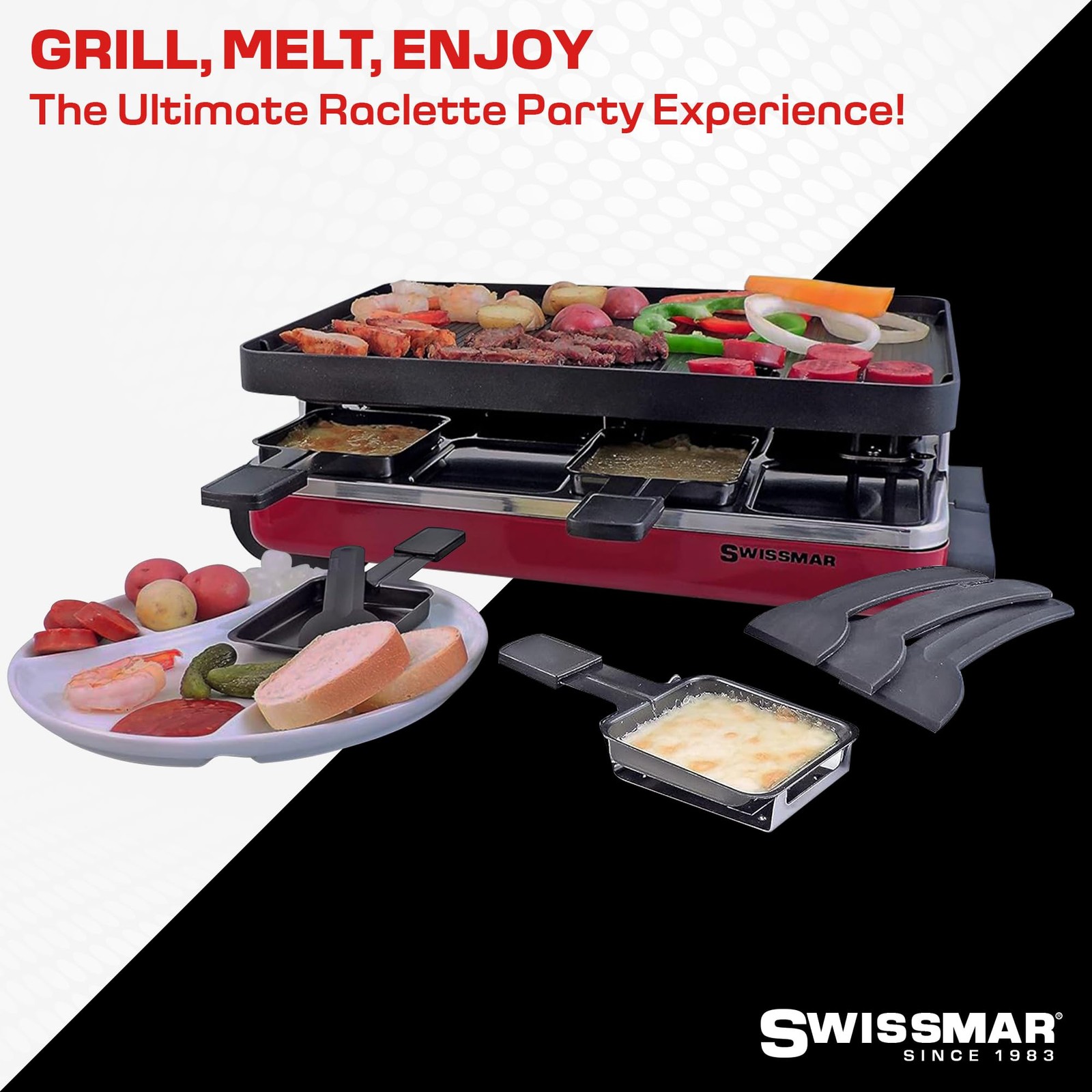 Swissmar Classic 8-Person Electric Raclette Grill Red 1200W Reversible Crepe Top