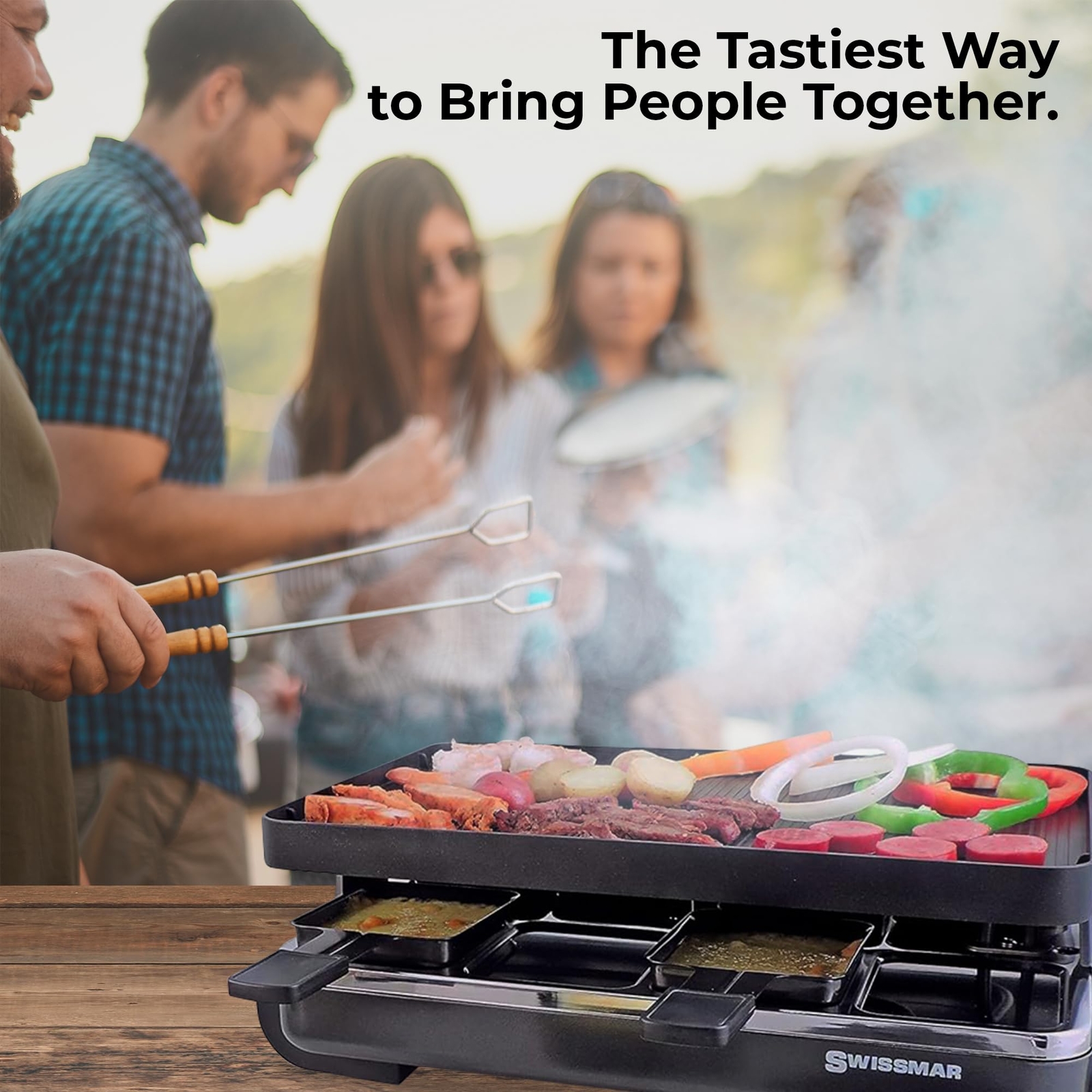 Swissmar Classic Raclette Grill Reversible Non Stick Plate 8 Dishes and Spatulas