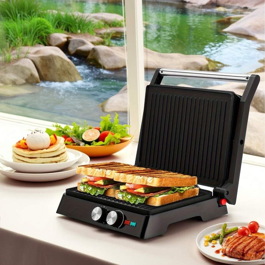 SUSTEAS Multi-Angle Electric Grill Sandwich Maker, Non-Stick Ceramic Pan, Stainl