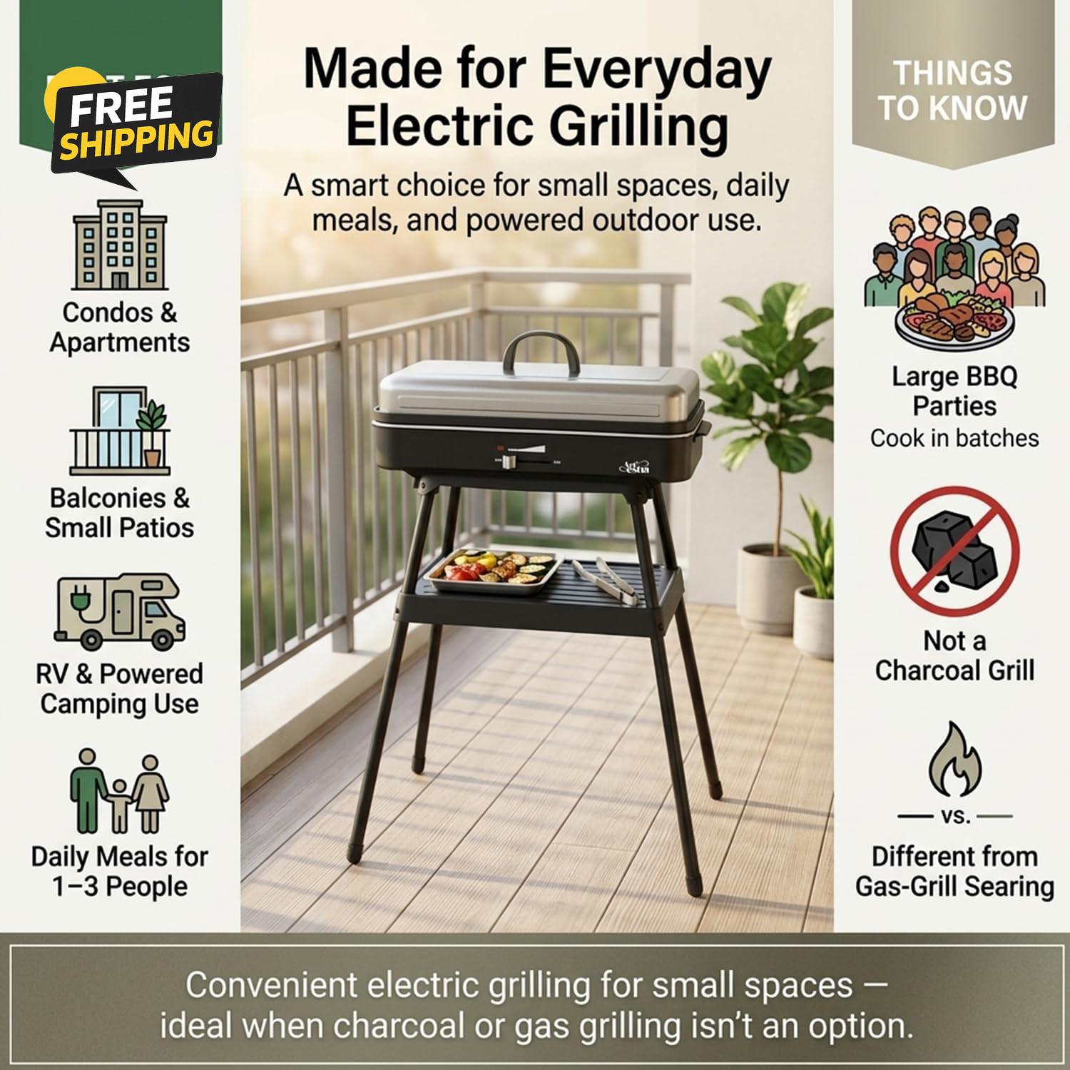1800W Smokeless Electric Grill Indoor Outdoor Nonstick BBQ Adjustable Temp RV