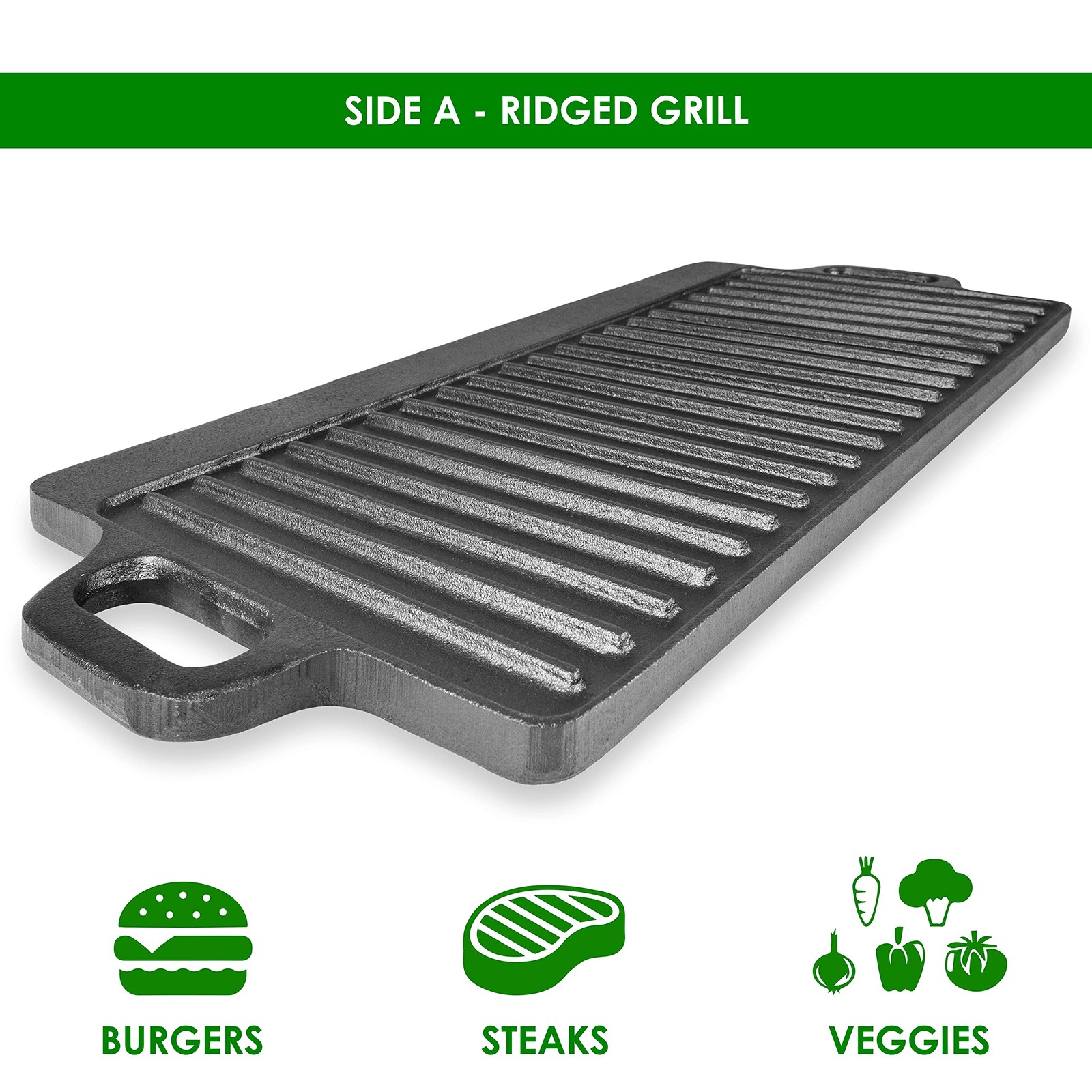 Prosource 2-In-1 Reversible 19.5 X 9 Cast Iron Griddle Handles For Gas Stovetop