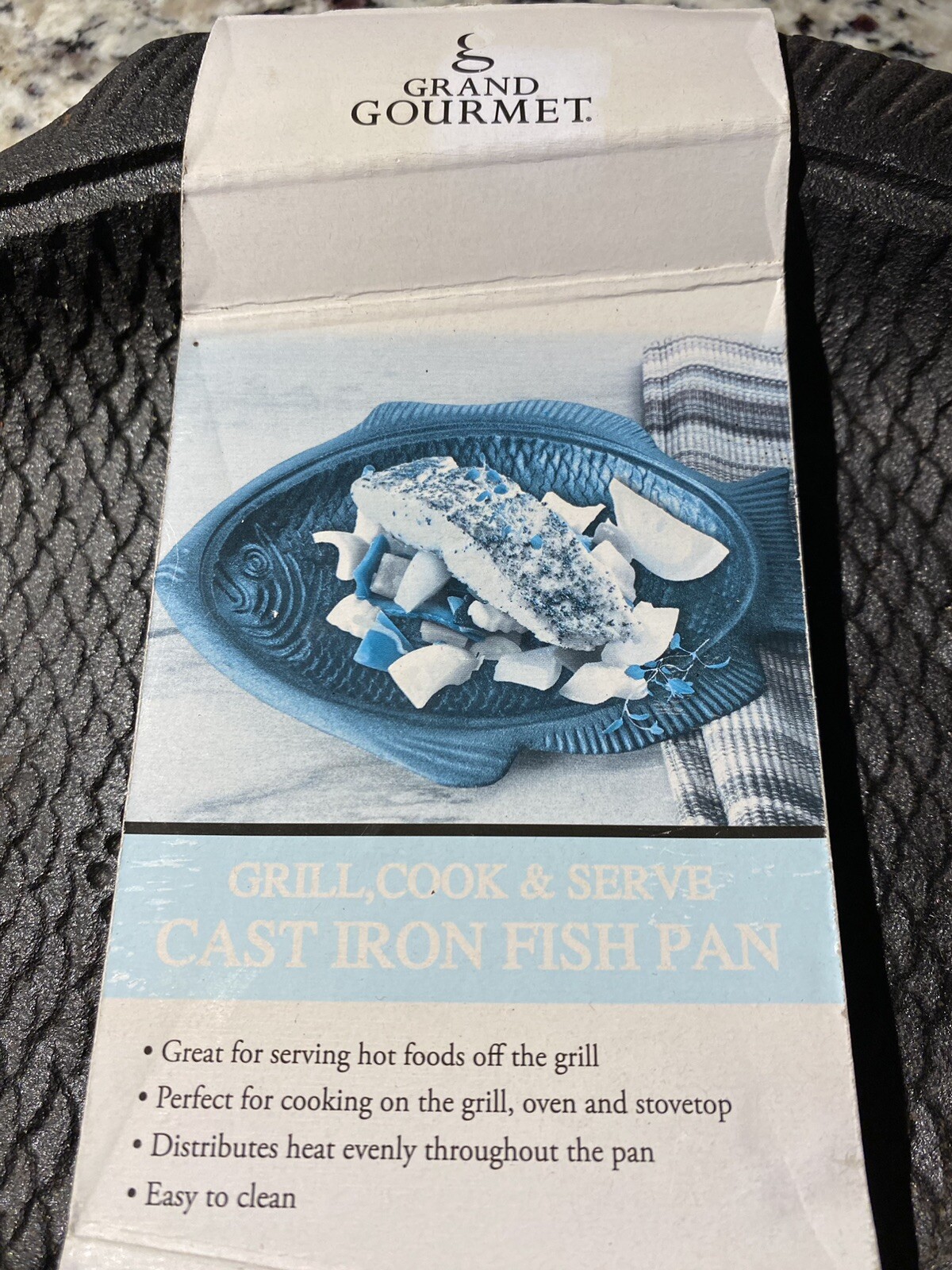 Grand Gourmet cast iron fish pan, grill, oven, stove, easy clean, 12×8.5, unused