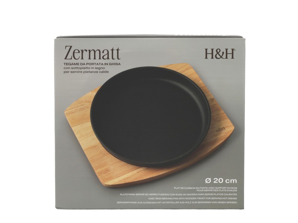 H&H Cast Iron Serving Plate With Light Wood Base, Round, 20 cm