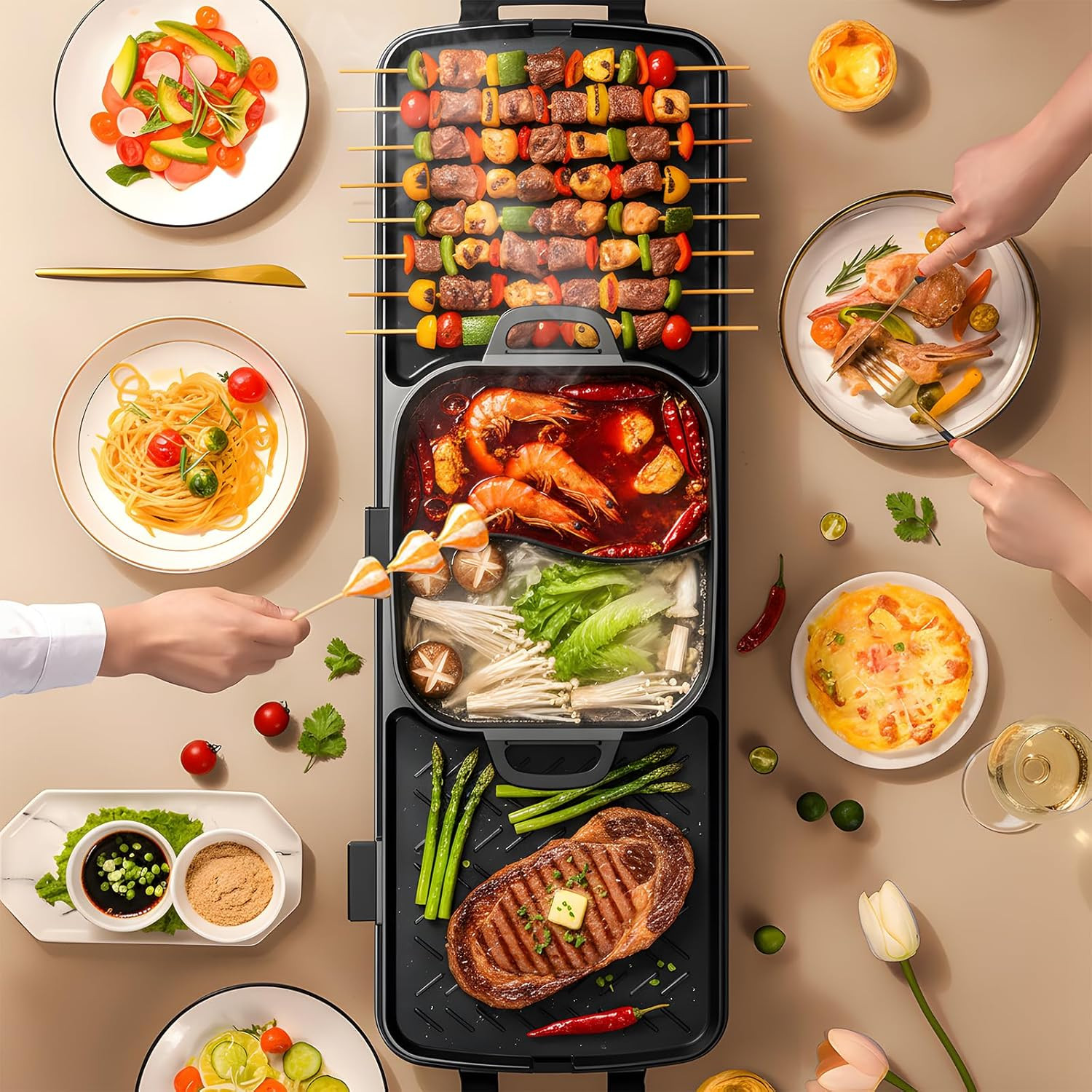 2250W Electric Grill and Hot Pot Combo, 29 X 9.5 Inch Smokeless Indoor BBQ Grill