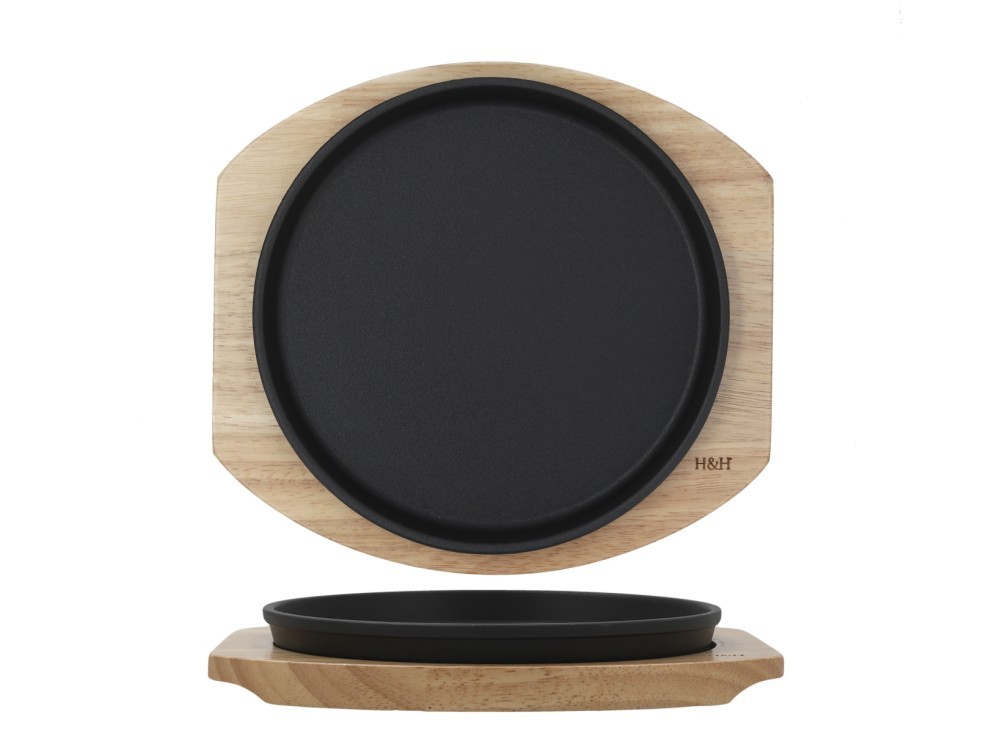H&H Cast Iron Serving Plate With Light Wood Base, Round, 20 cm