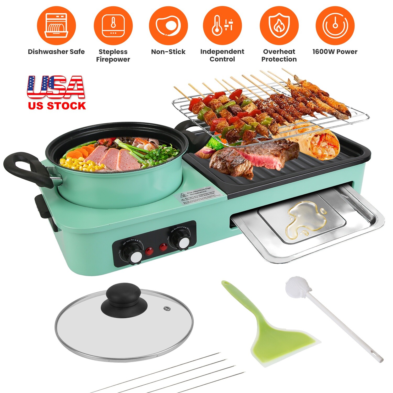 1600W Electric Grill with Hot Pot Frying Pan Grill 3 in 1 Smokeless Cooker