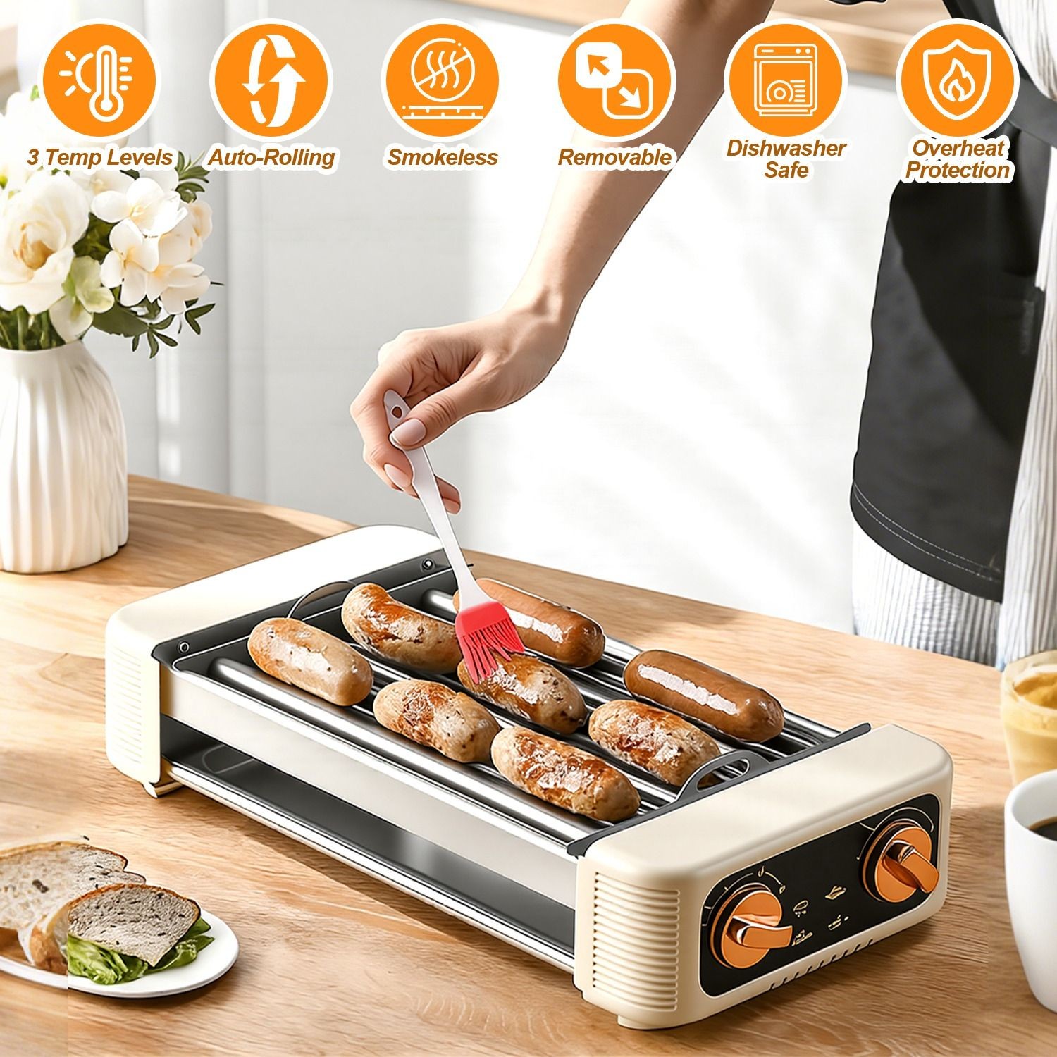 3-in-1 Electric Hot Dog Roller & Grill Machine – Smokeless Indoor/Outdoor
