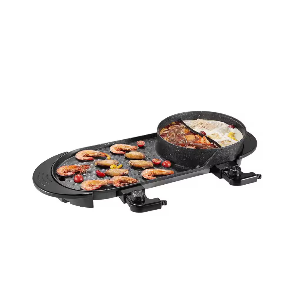 2200W 2-In-1 Electric Hot Pot and Grill 153 Sq. In.Smokeless Korean BBQ Dual Tem