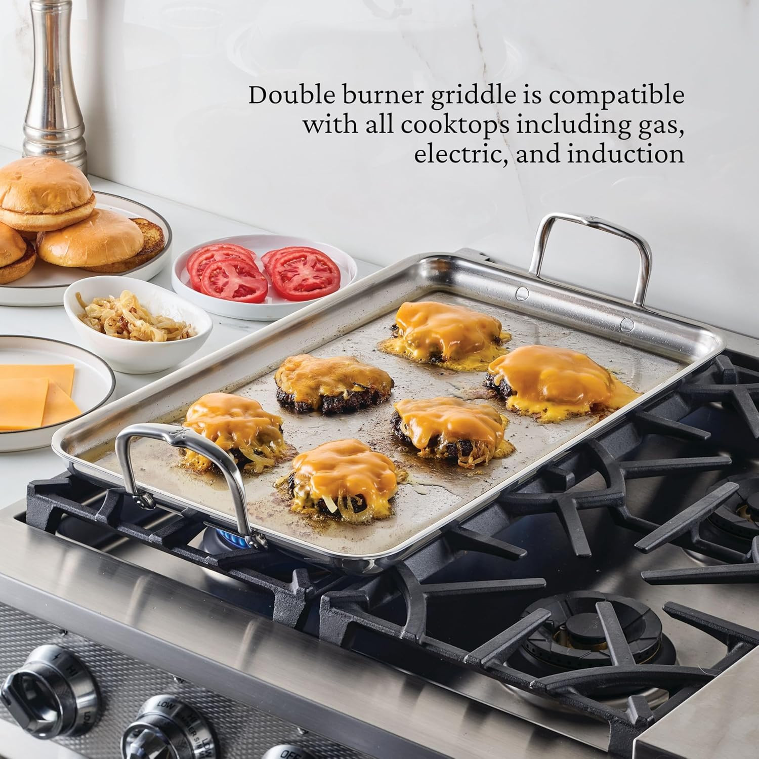 Provisions 21″ Tri-Ply Stainless Steel Double Burner Griddle with Drip Drain
