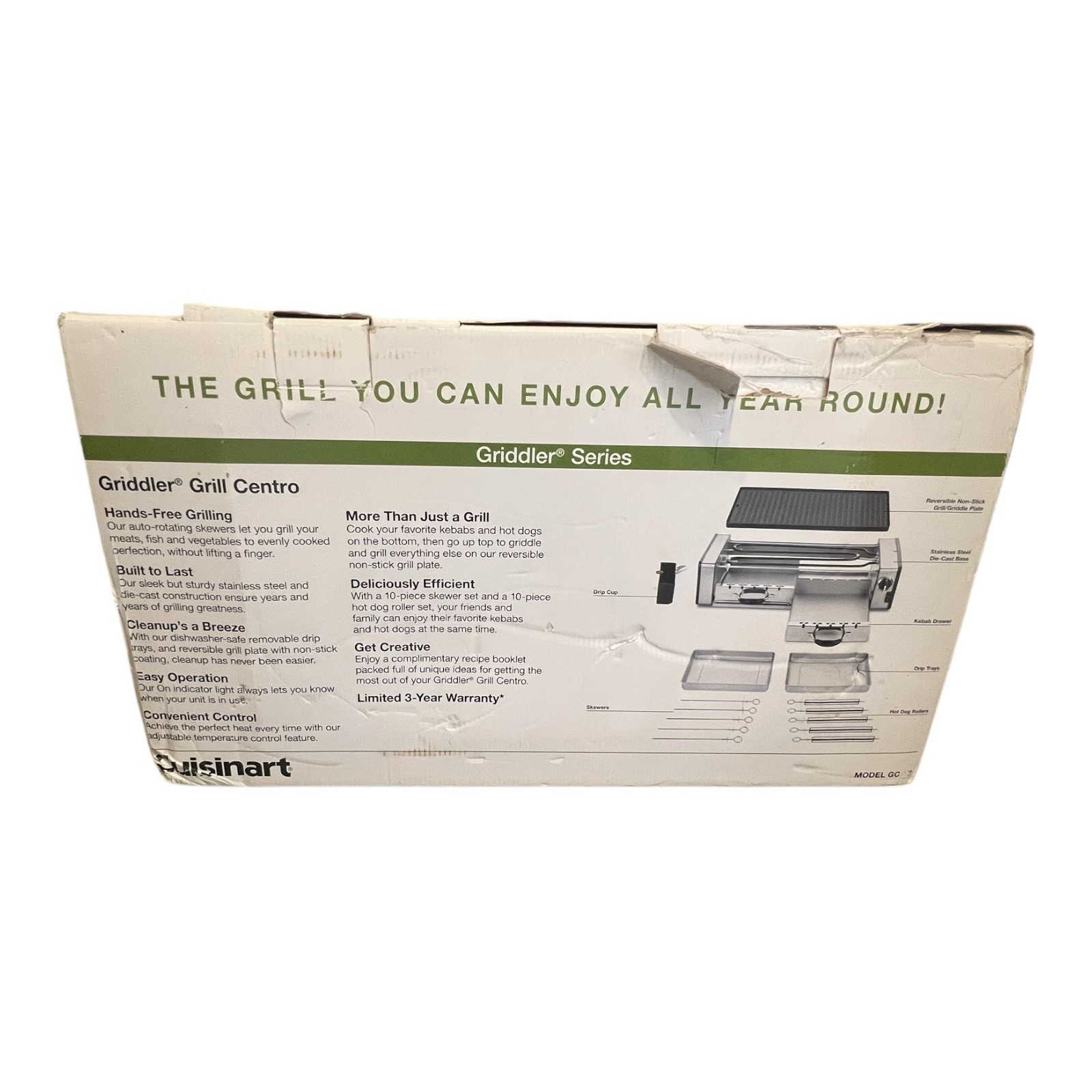 Cuisinart Griddler Grill Centro GC-17 Skewers Hot Dog Roller 3 in 1 Damaged Box