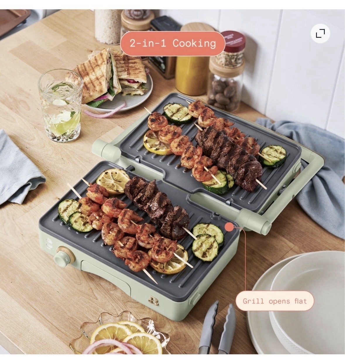 Beautiful 2-in-1 Panini Press & Grill with Detachable Plates, Sage Green