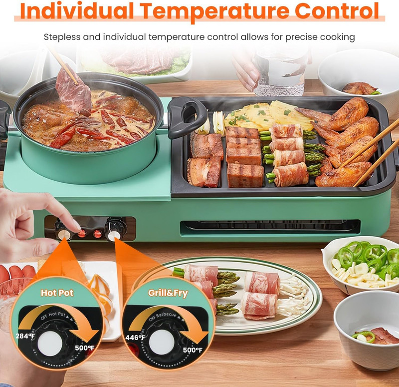 3 In 1 Electric Hot Pot Grill with Dual Temp Control 1600W Non-Stick Cooker Pan