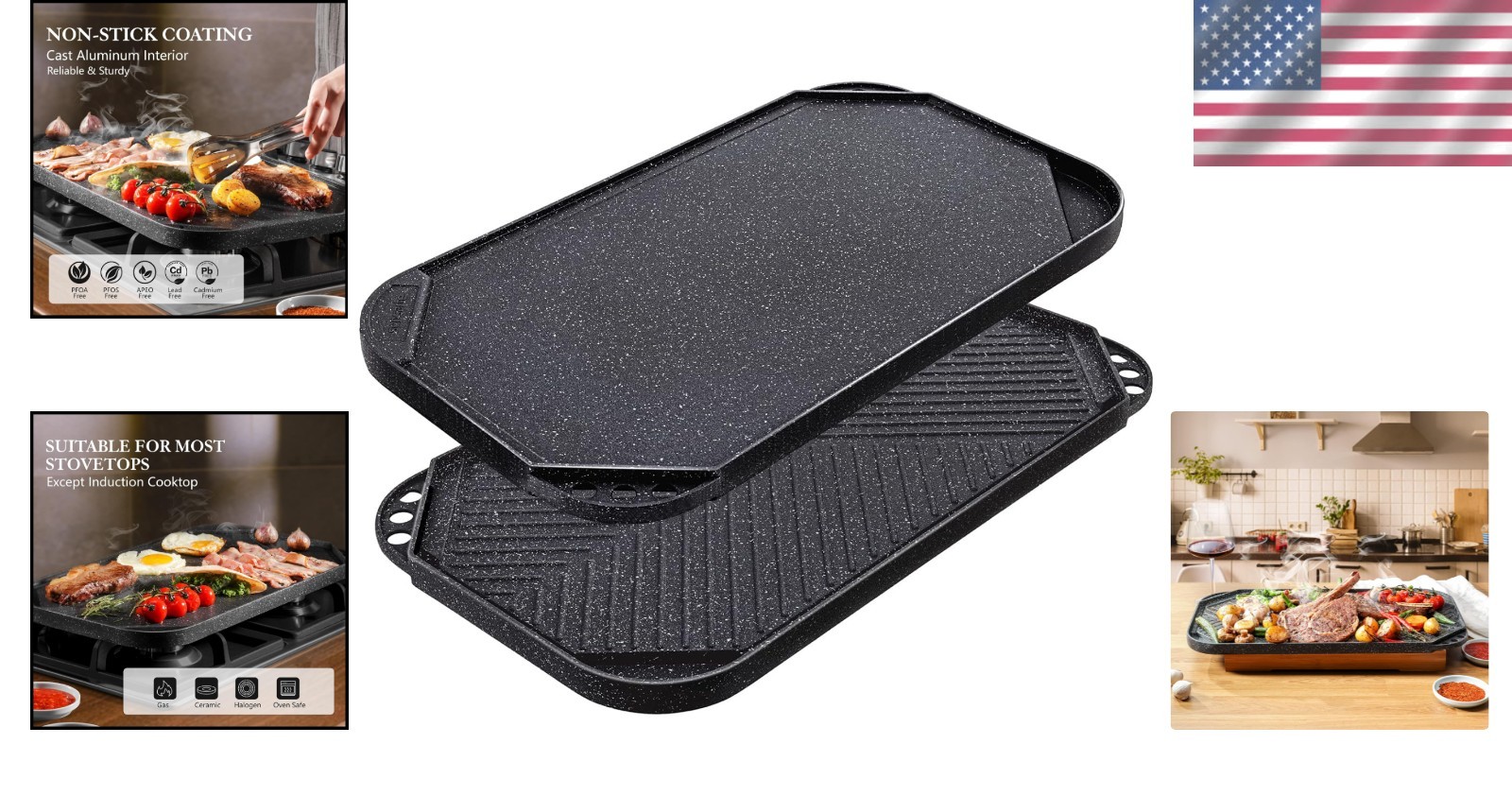 Portable Reversible Grill & Griddle Pan – Dishwasher Safe & Easy to Clean 19.5″