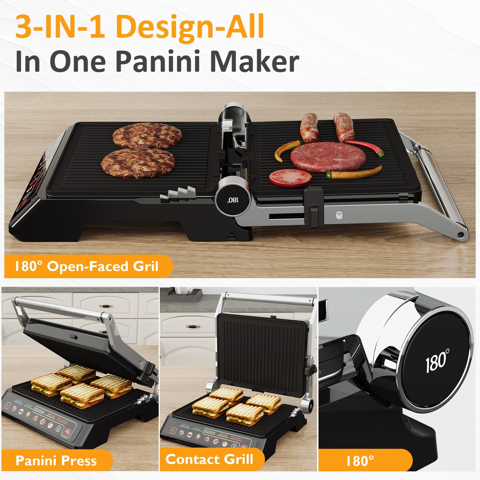 Sunvivi Indoor Grill & Griddle with Preset Menu, 1600W Electric Panini, Black