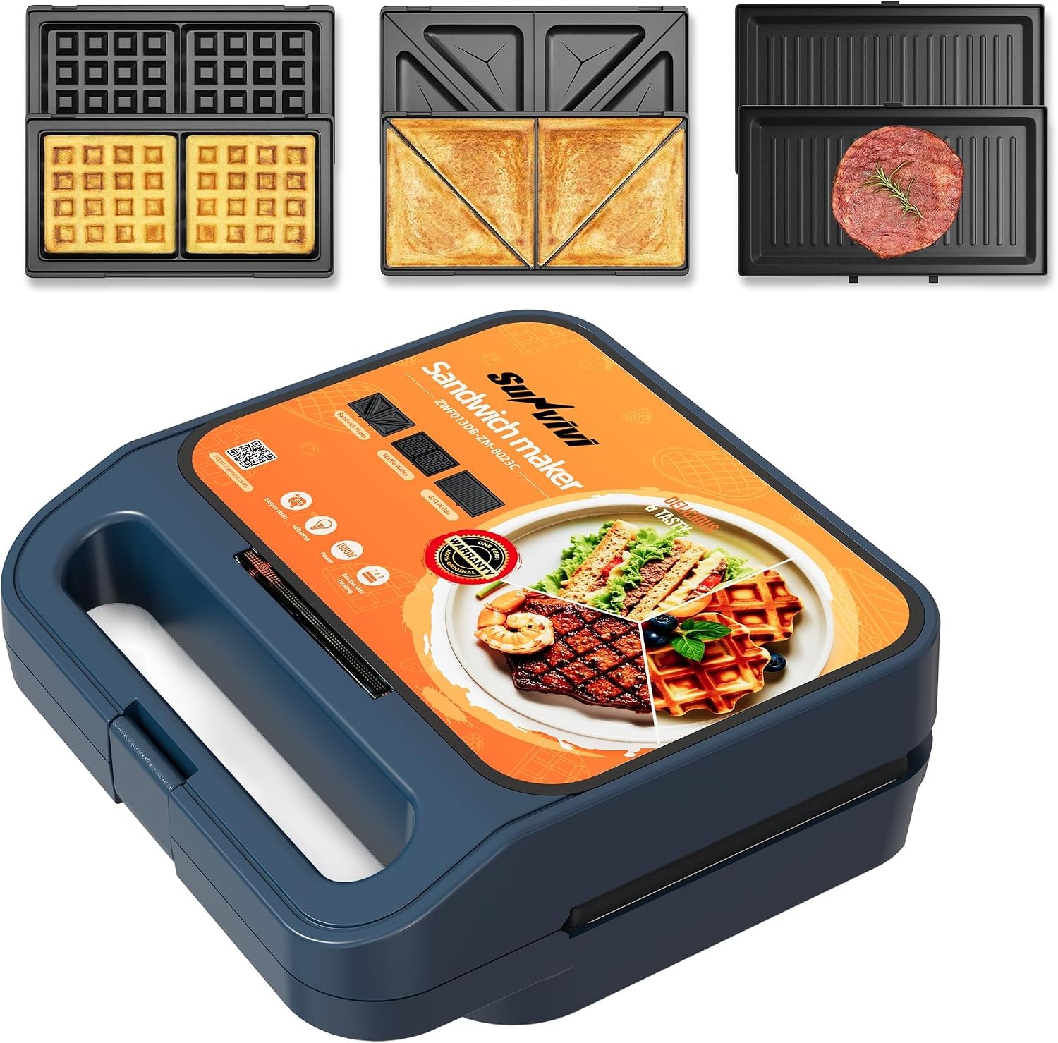 3 in 1 Sandwich Maker Electric Waffle Maker W/ Removable Non-stick Plates 800W