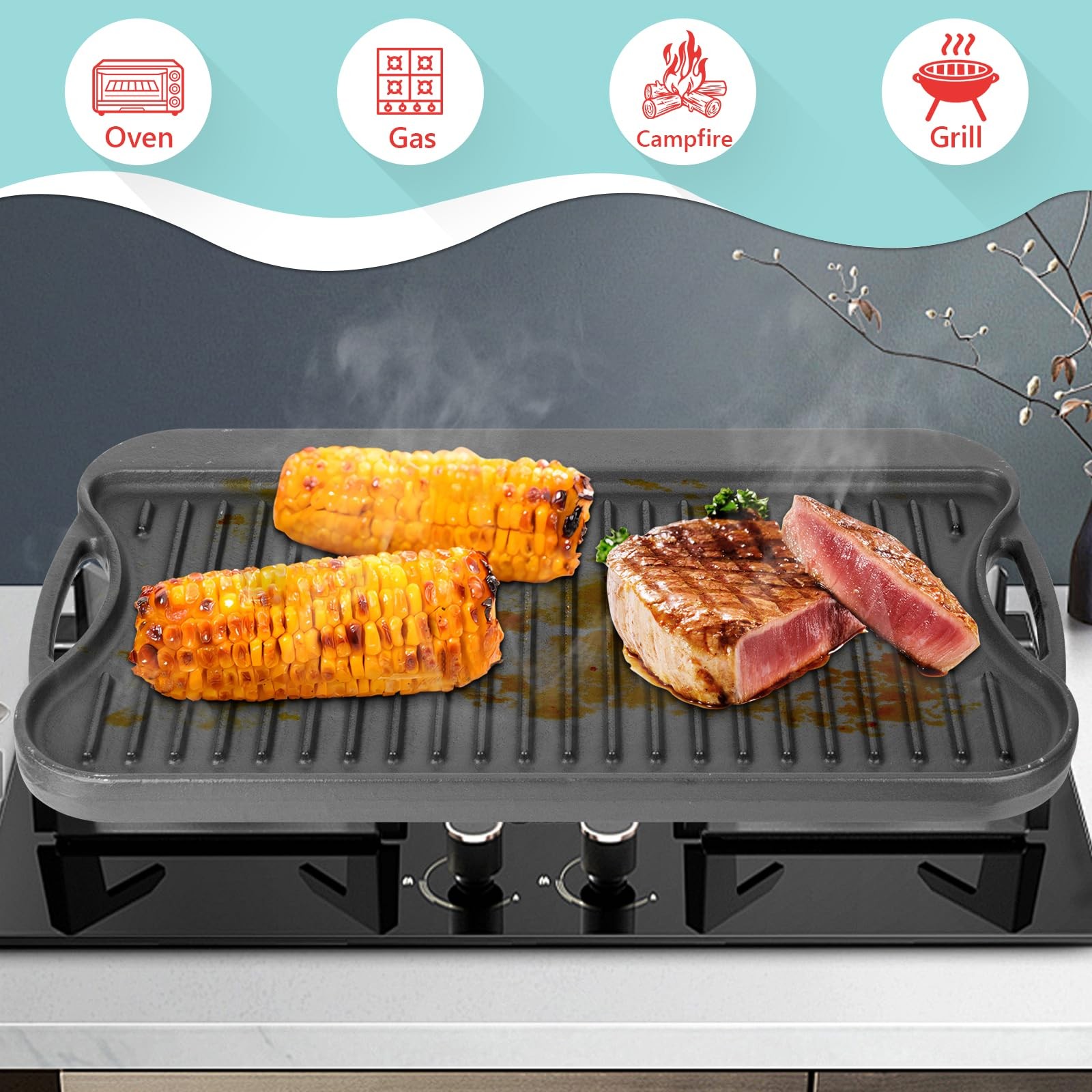 2 in 1 Reversible Cast Iron Griddle for Gas Grill, Flat Grill Pan for Gas Stove,