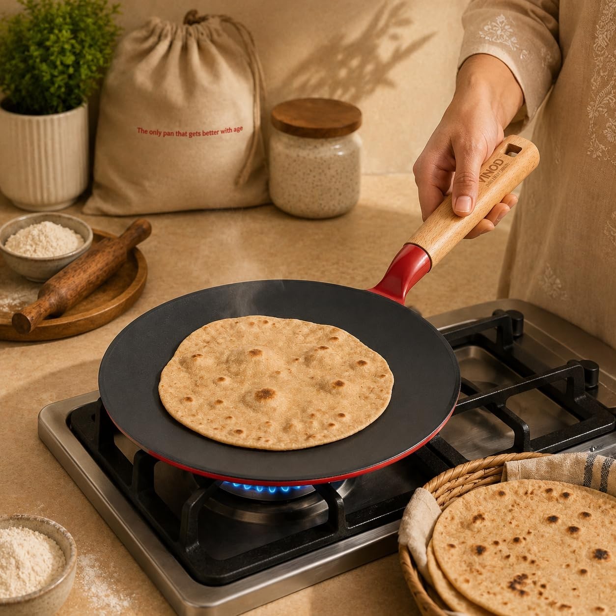 Vinod Freya Cast Iron Roti Tawa Gas Induction TREON Enamel Beechwood