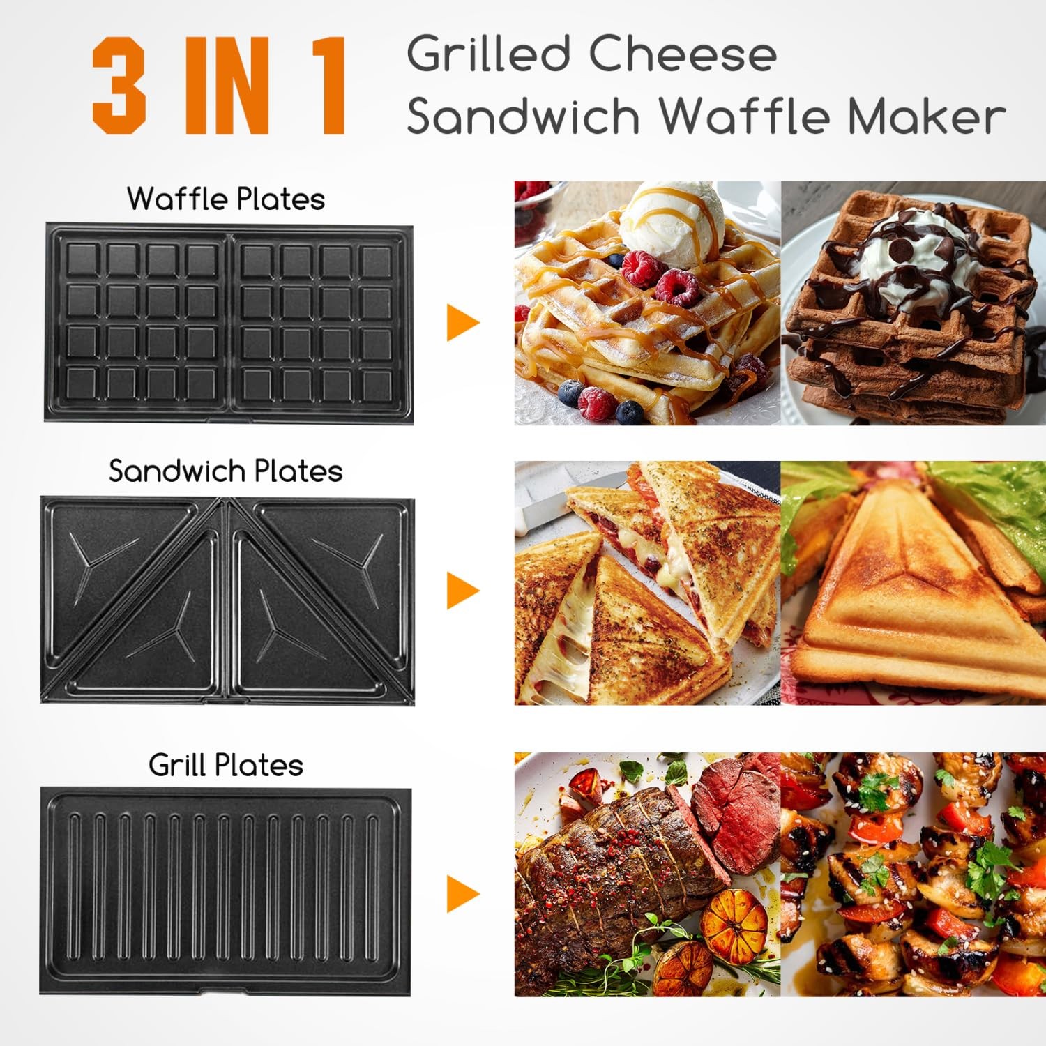 3 In 1 Electric Sandwich Maker Panini Press Grill Nonstick Plates 750W Black…