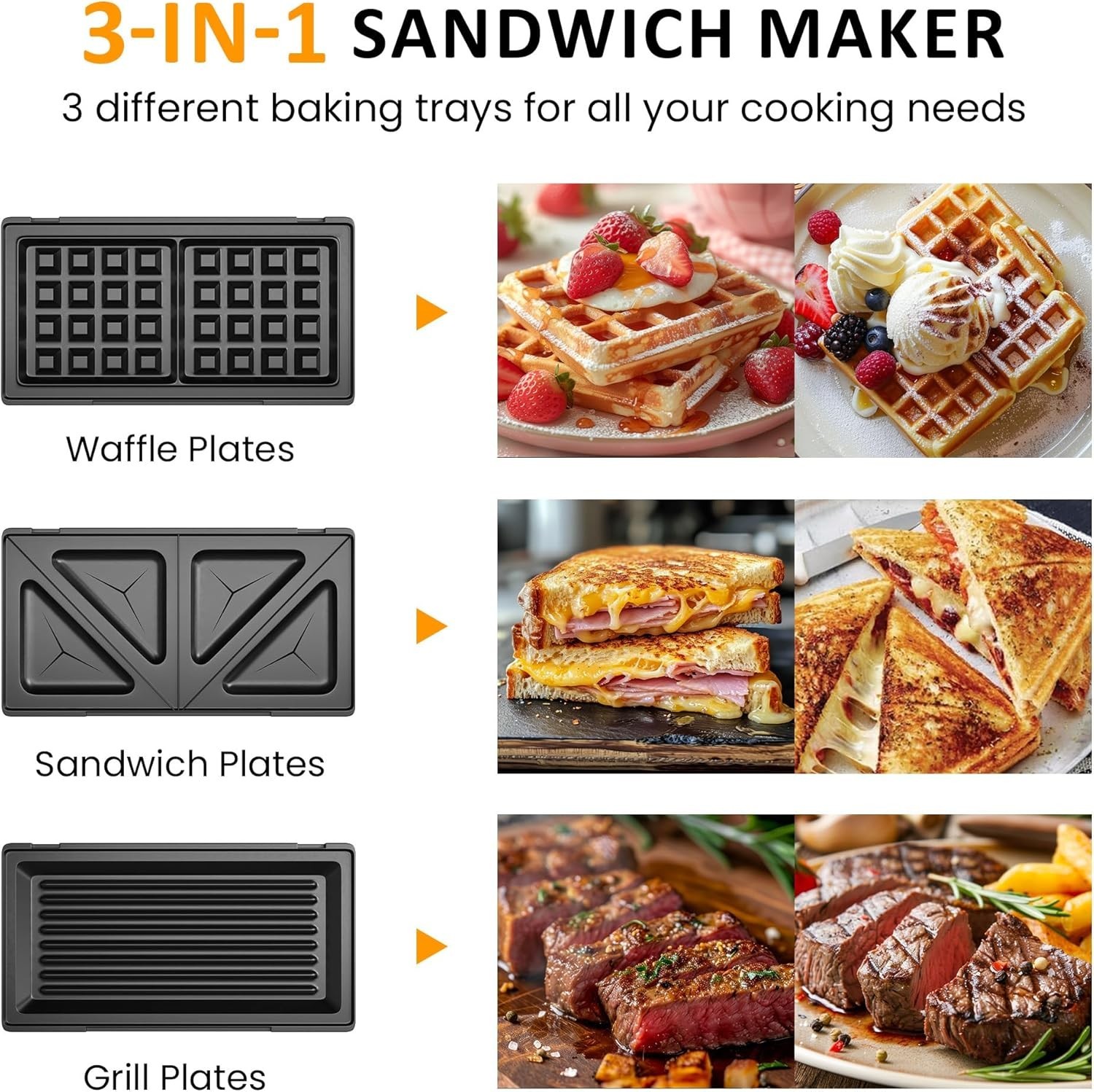 Sandwich Maker Panini Press: Waffle Maker with Removable Plates, 3 in 1 Sandw…