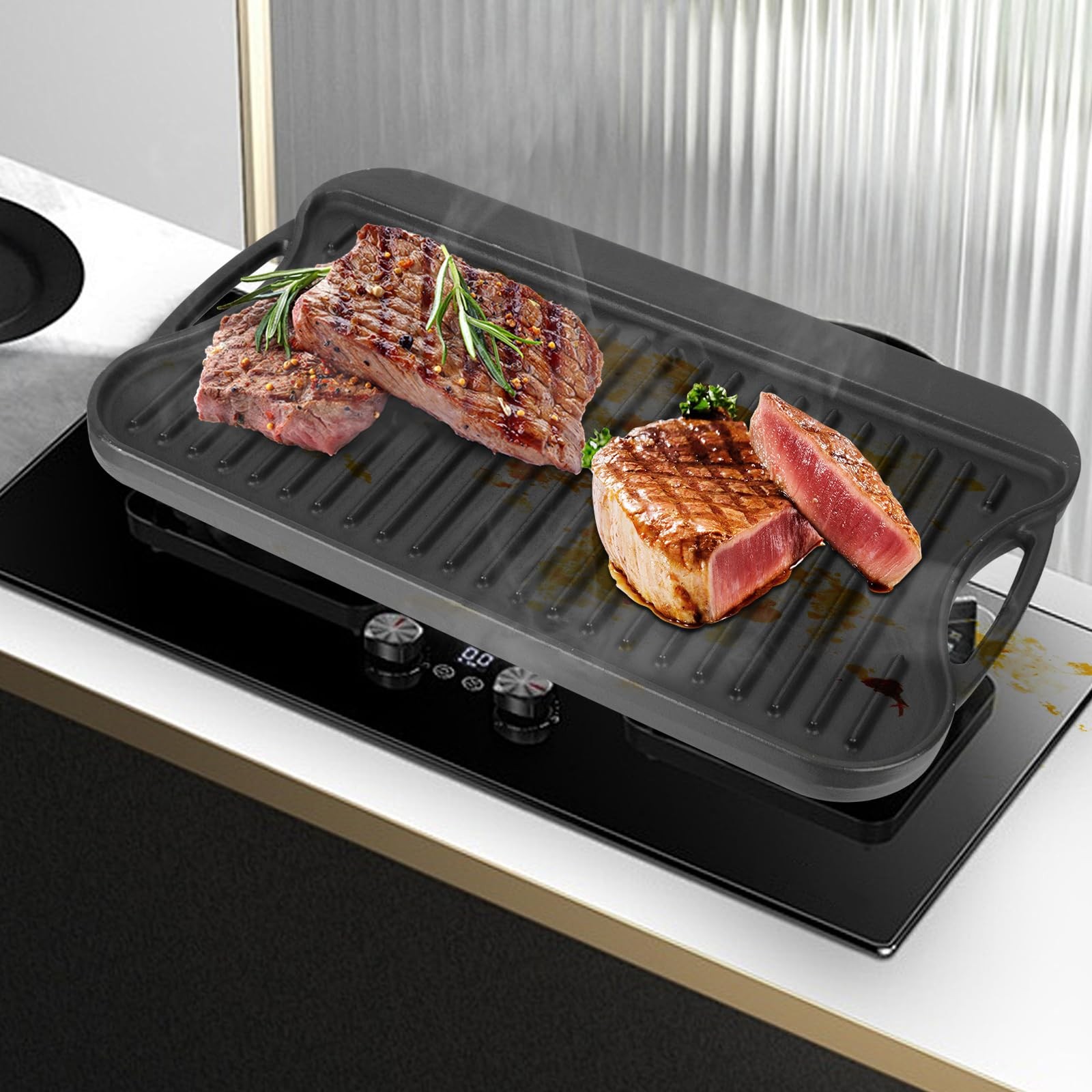 2 in 1 Reversible Cast Iron Griddle for Gas Grill, Flat Grill Pan for Gas Stove,