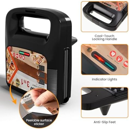 3 in 1 Electric Sandwich Maker with Removable Nonstick Plates – 800W,Black | …