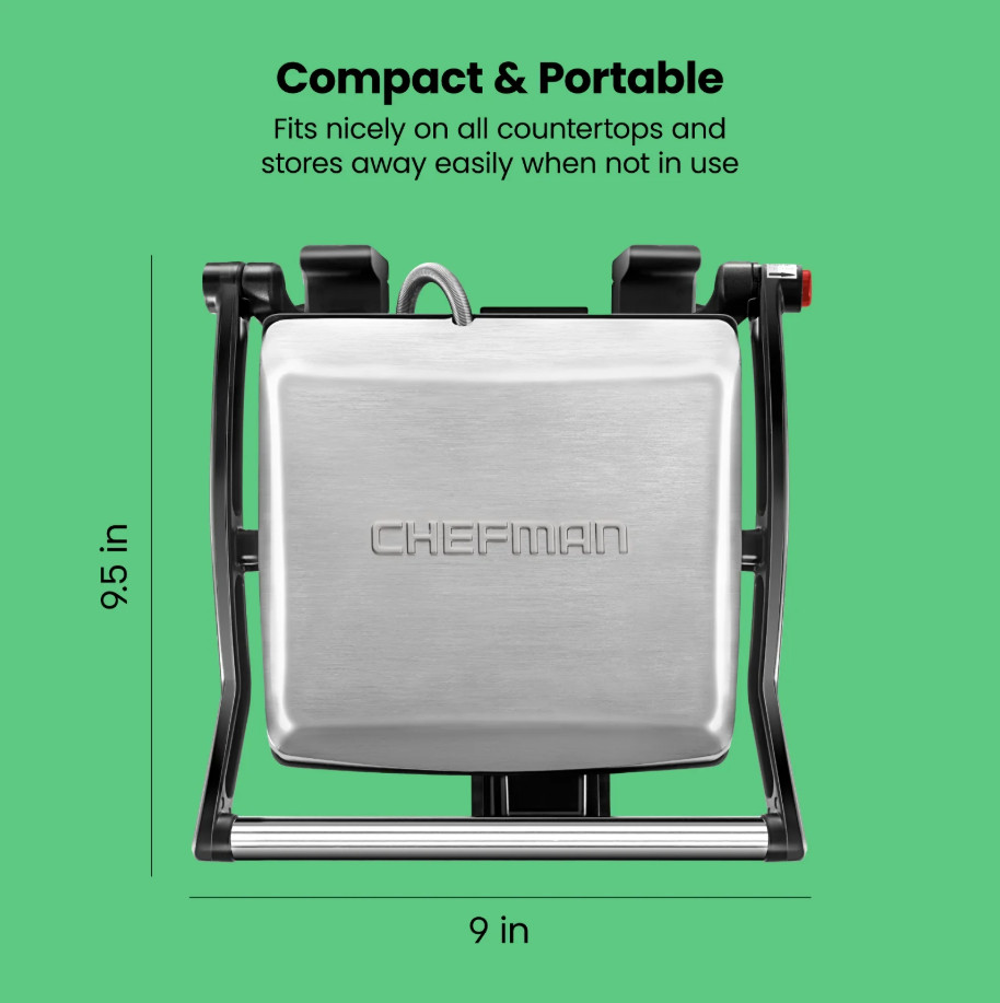 Chefman 3-in-1 Panini Press Grill 4 Slice Nonstick Opens Flat Stainless