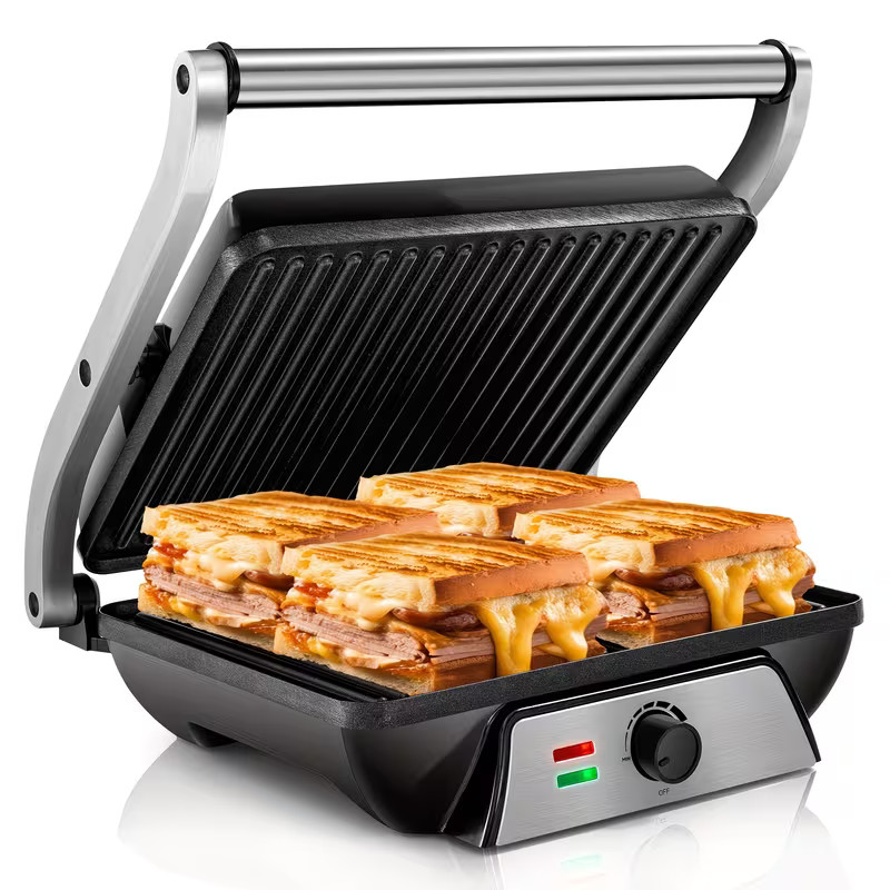 3-in-1 Electric Indoor Grill – Panini Press with Non-Stick Cooking Plates, Opens