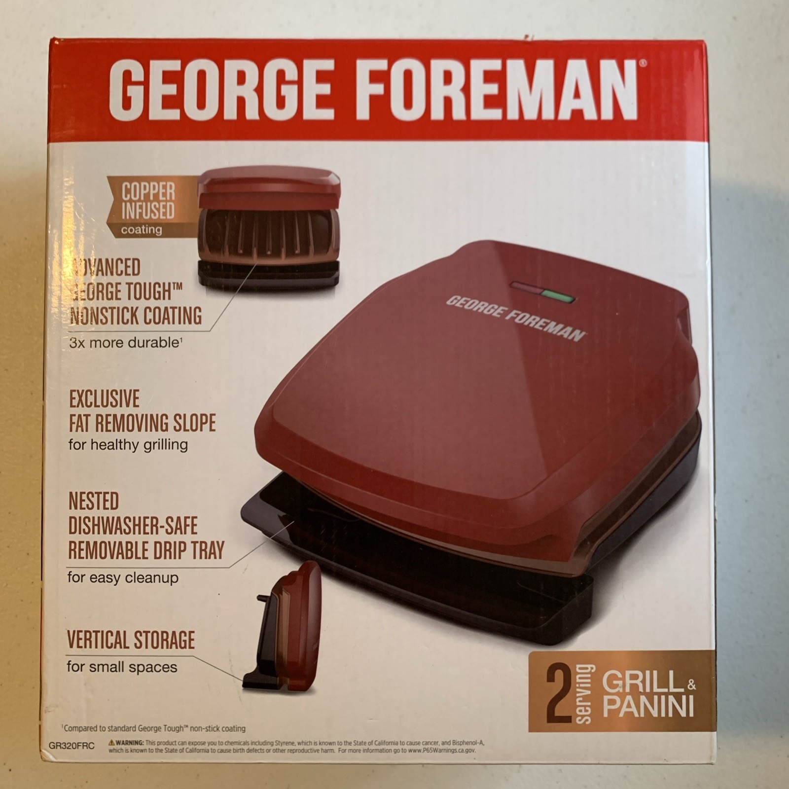 George Foreman 2 Serving Grill Panini Press Copper Infused Nonstick GR320FRC Red