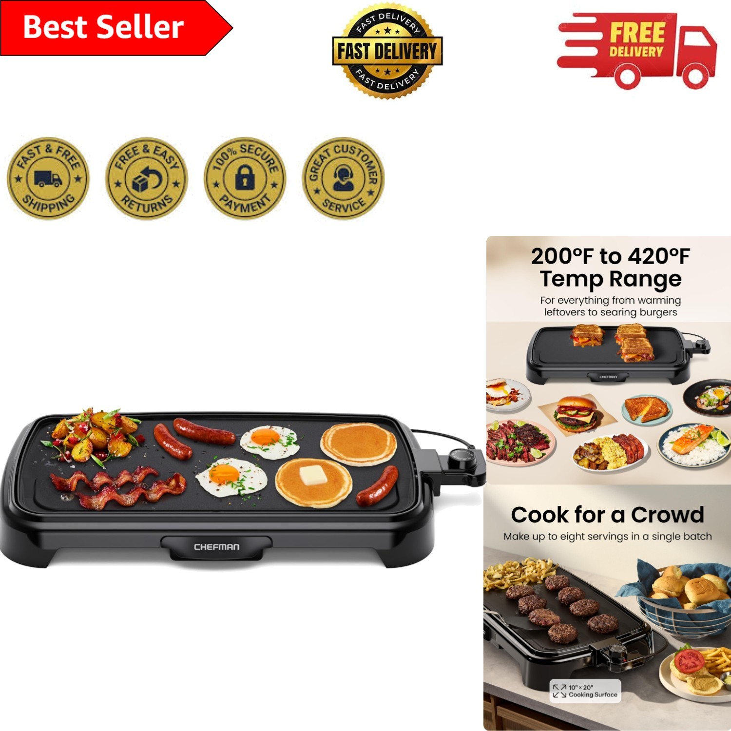 Extra Large Electric Griddle with Slide Out Drip Tray – 1500 Watts Cooking Power