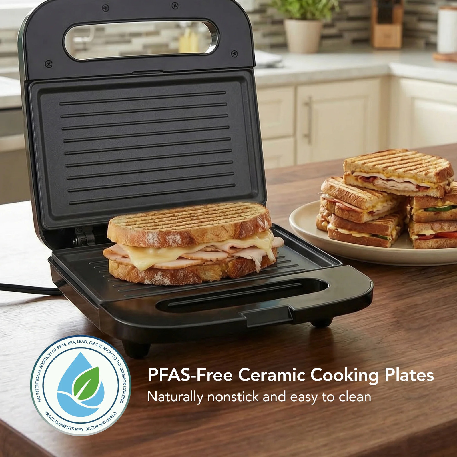 Electric Sandwich Maker with Non-Stick Plates, Indicator Lights, Cool To