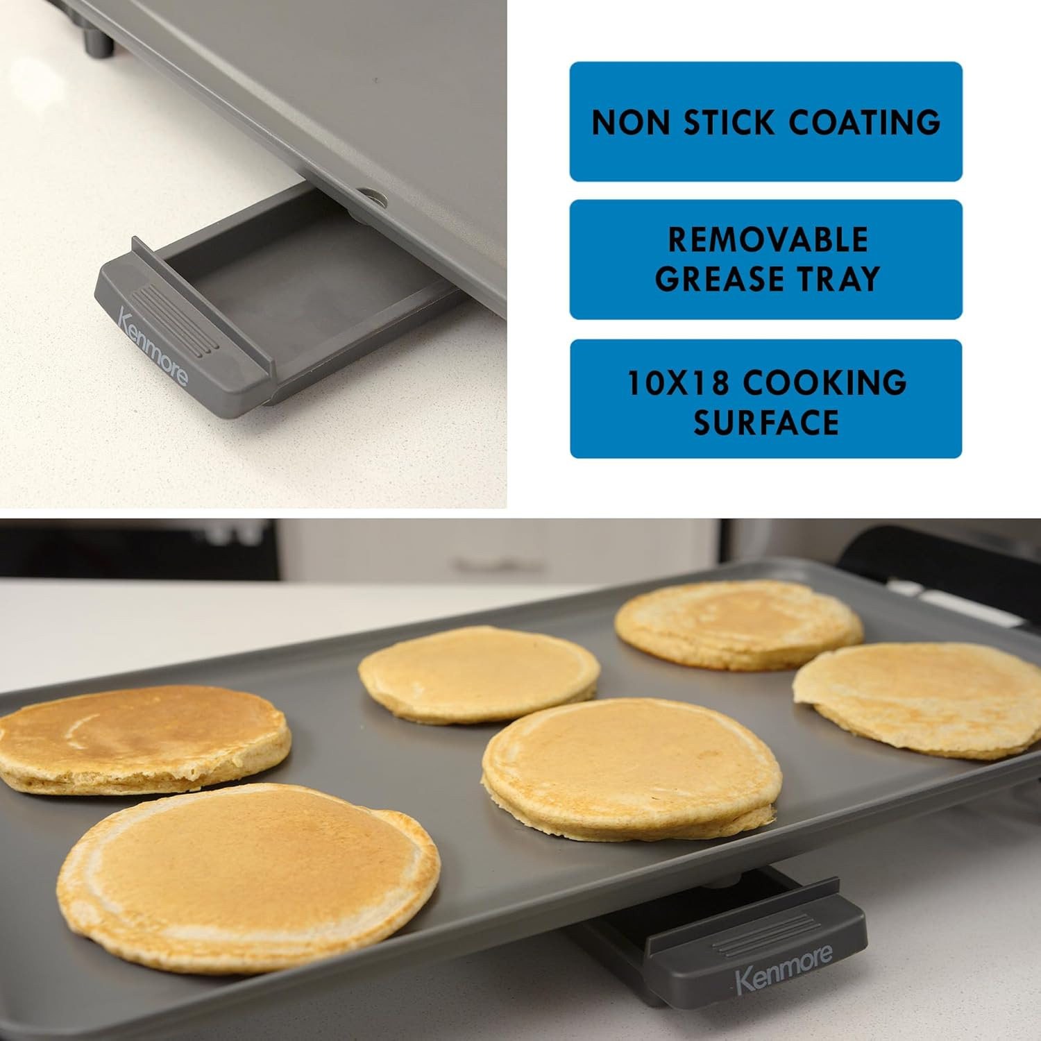 Kenmore Electric Griddle Nonstick 1500W Adjustable Temperature 10″X18″ Easy to C
