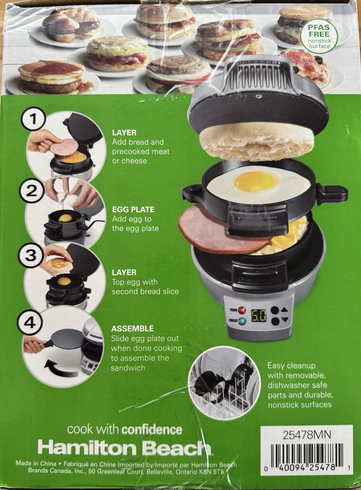 Hamilton Beach Breakfast Sandwich Maker In Silver- PSAF FREE Nonstick Surface
