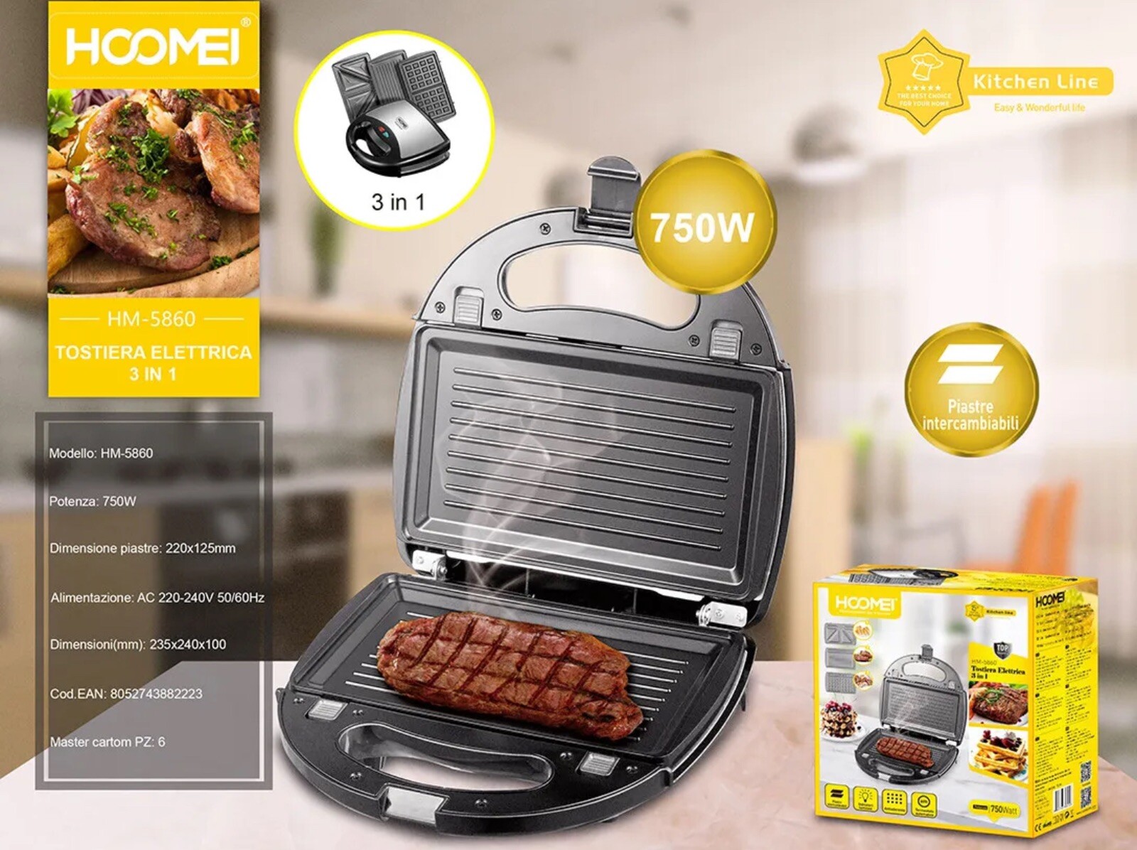 3IN 1 800W HM-5860 Toast Sandwich Waffle Toast Toast Toaster Electric Plate